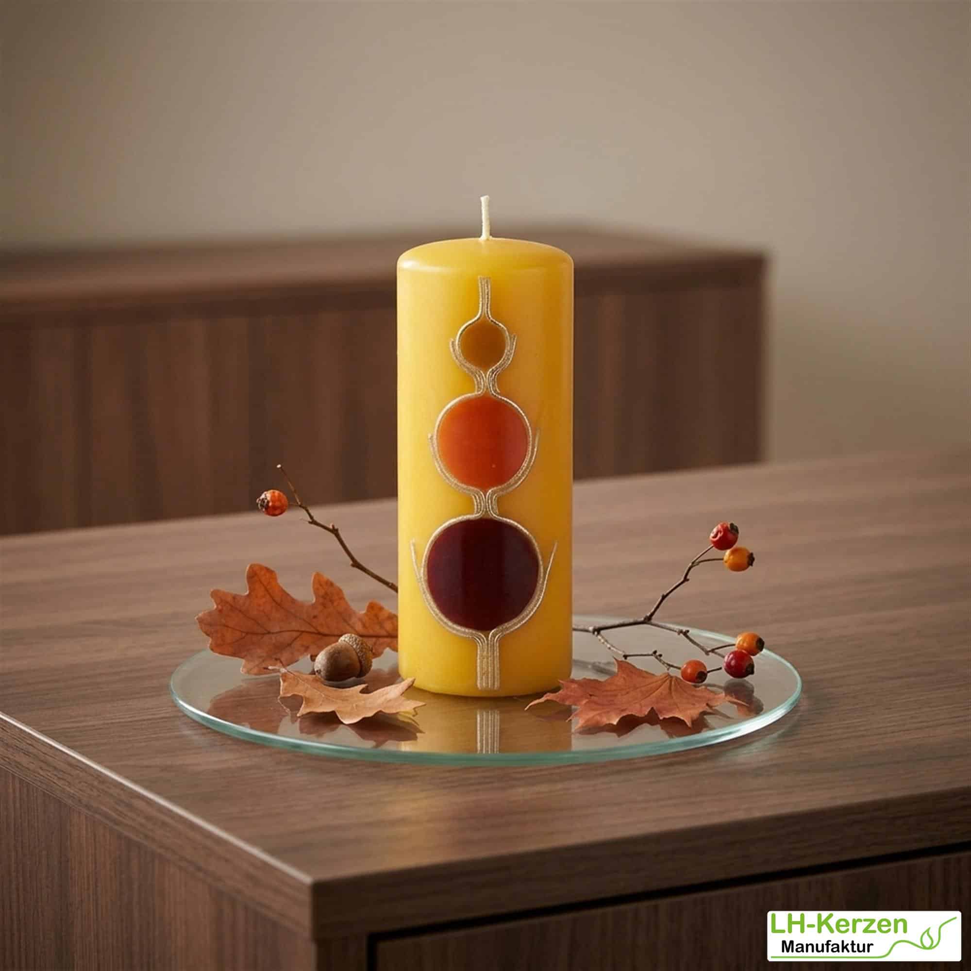 Herbstdeko Kerze Gelb mit kreisförmigen Akzenten in herbstlichen Farben Gold umrandet