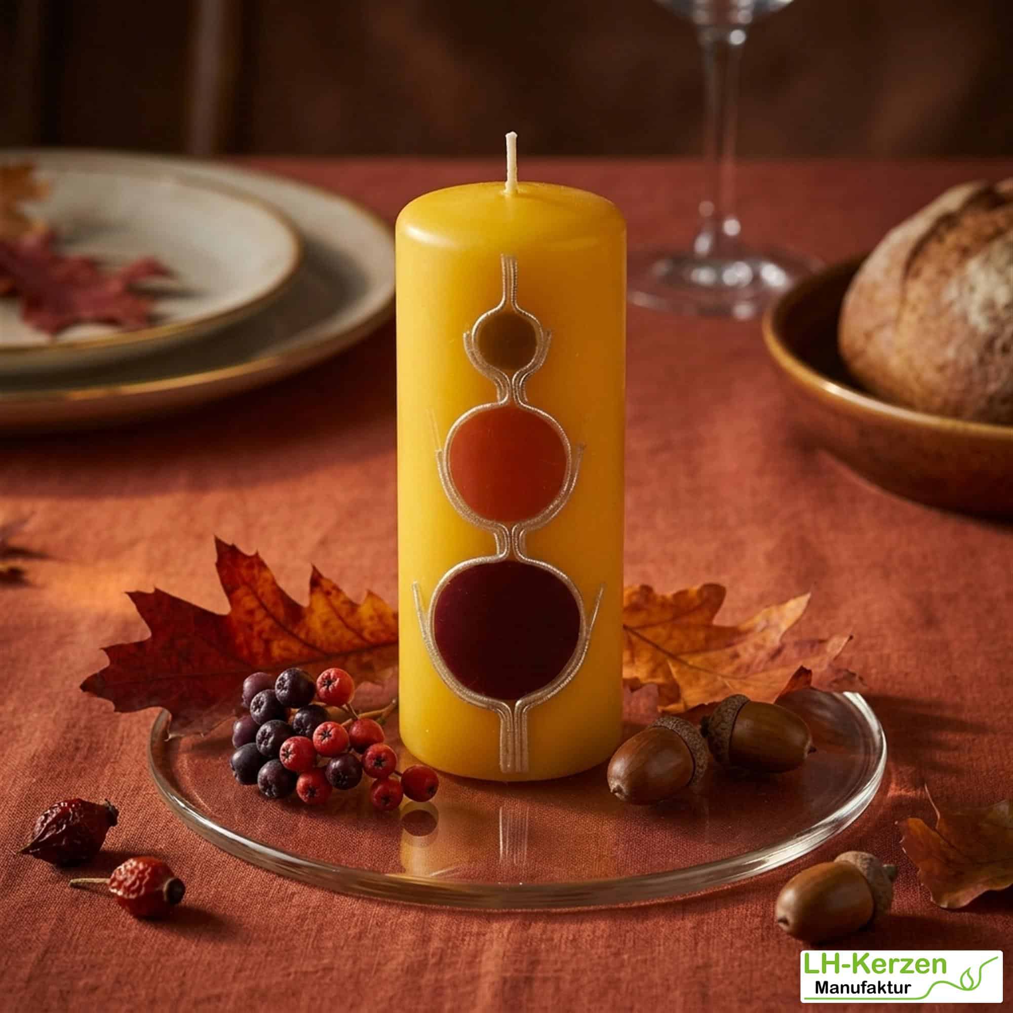 Herbstdeko Kerze Gelb mit kreisförmigen Akzenten in herbstlichen Farben Gold umrandet