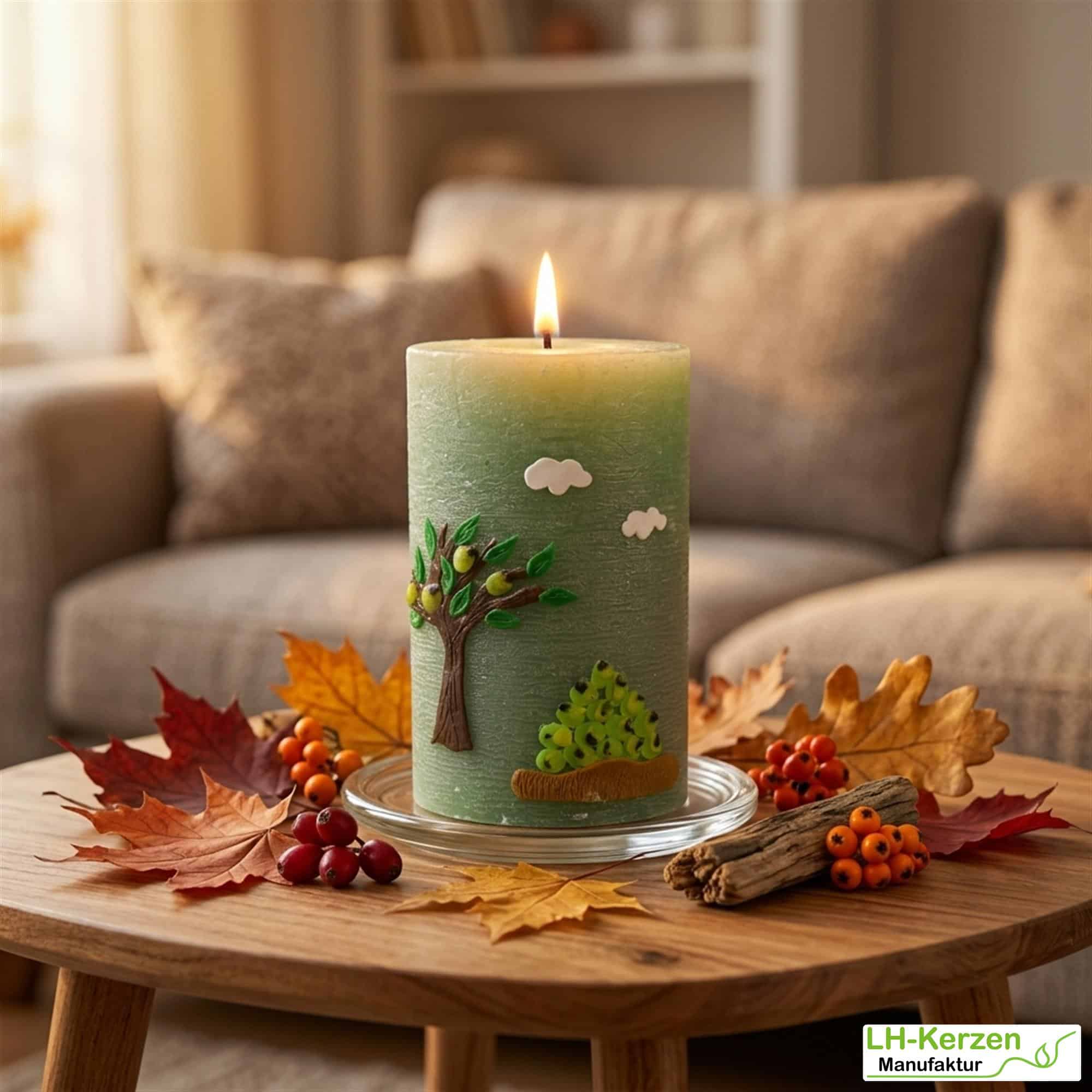 grüne Herbstkerze mit Apfelbäumchen