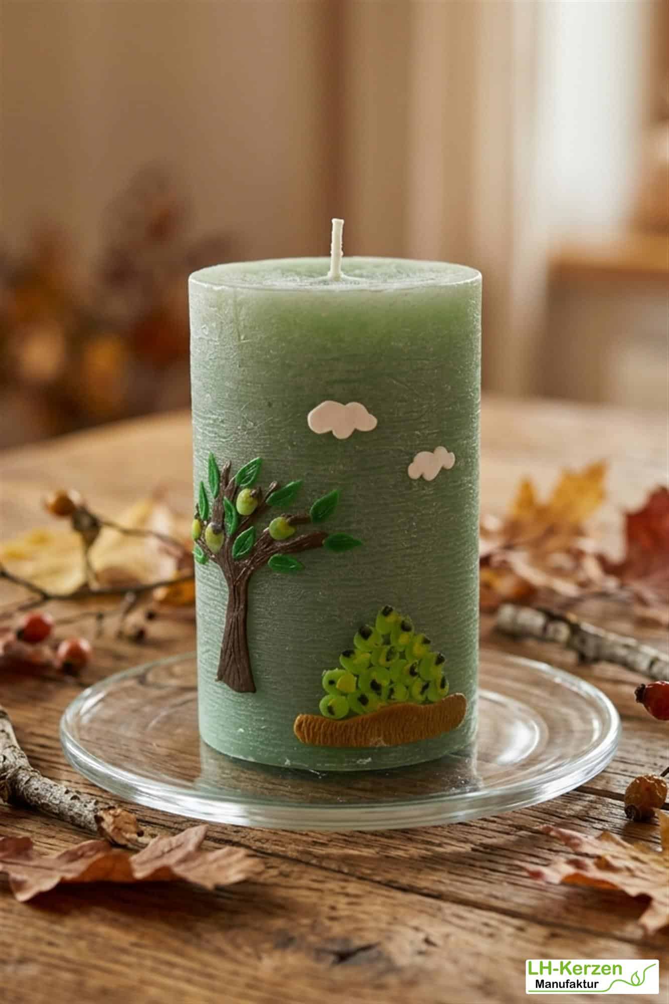 grüne Herbstkerze mit Apfelbäumchen