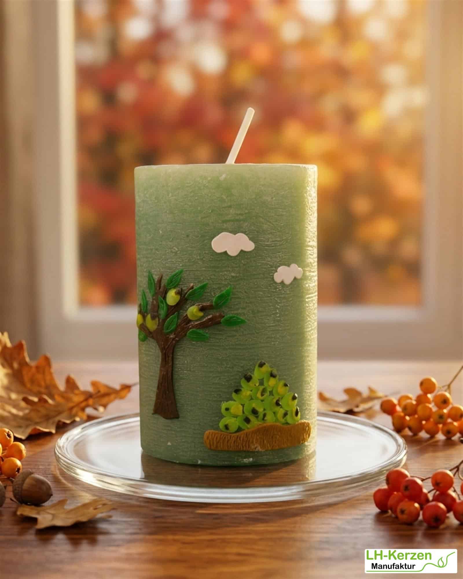 grüne Herbstkerze mit Apfelbäumchen