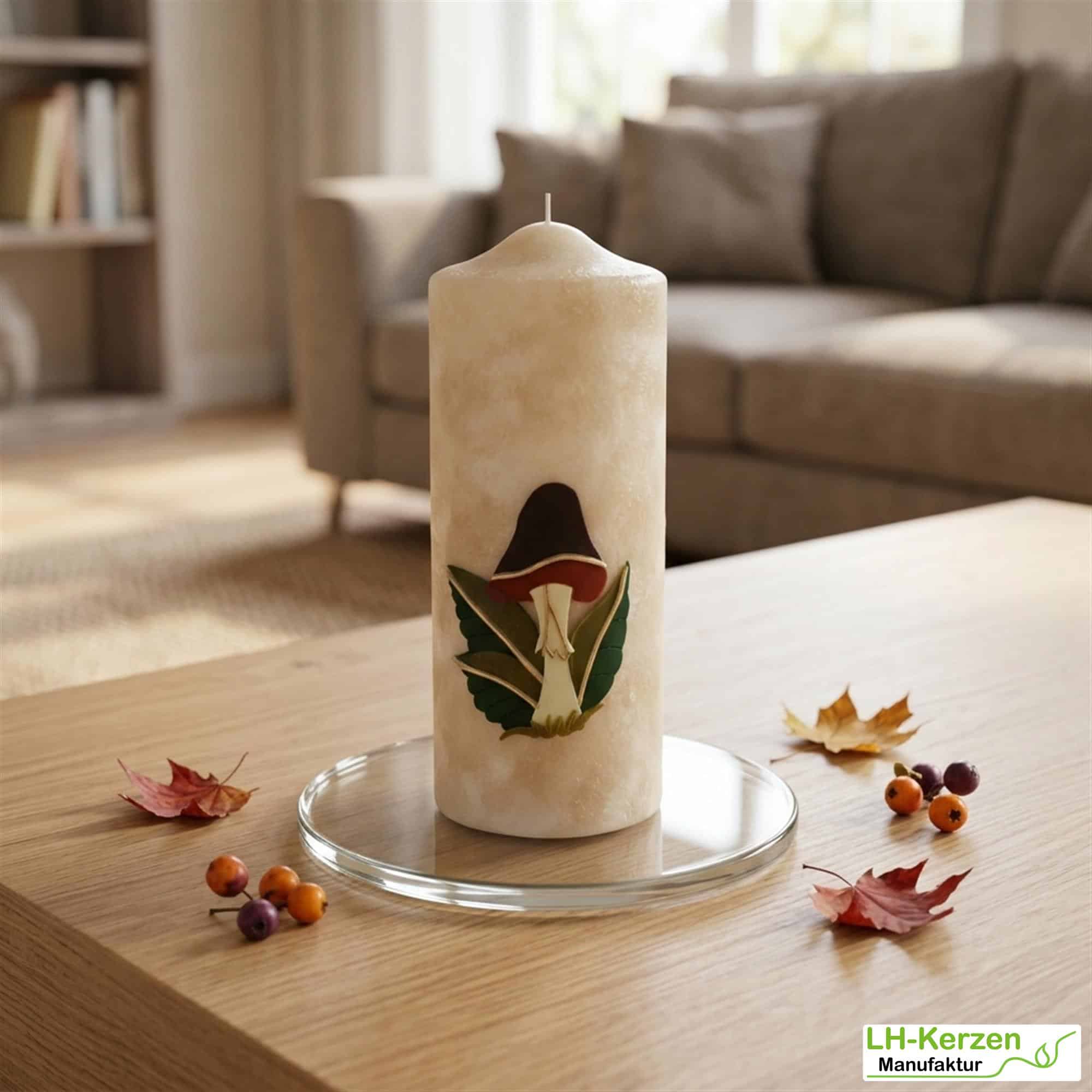 Designkerze mit Pilzmotiv und samtiger Oberfläche – elegantes Wohnaccessoire für den Herbst