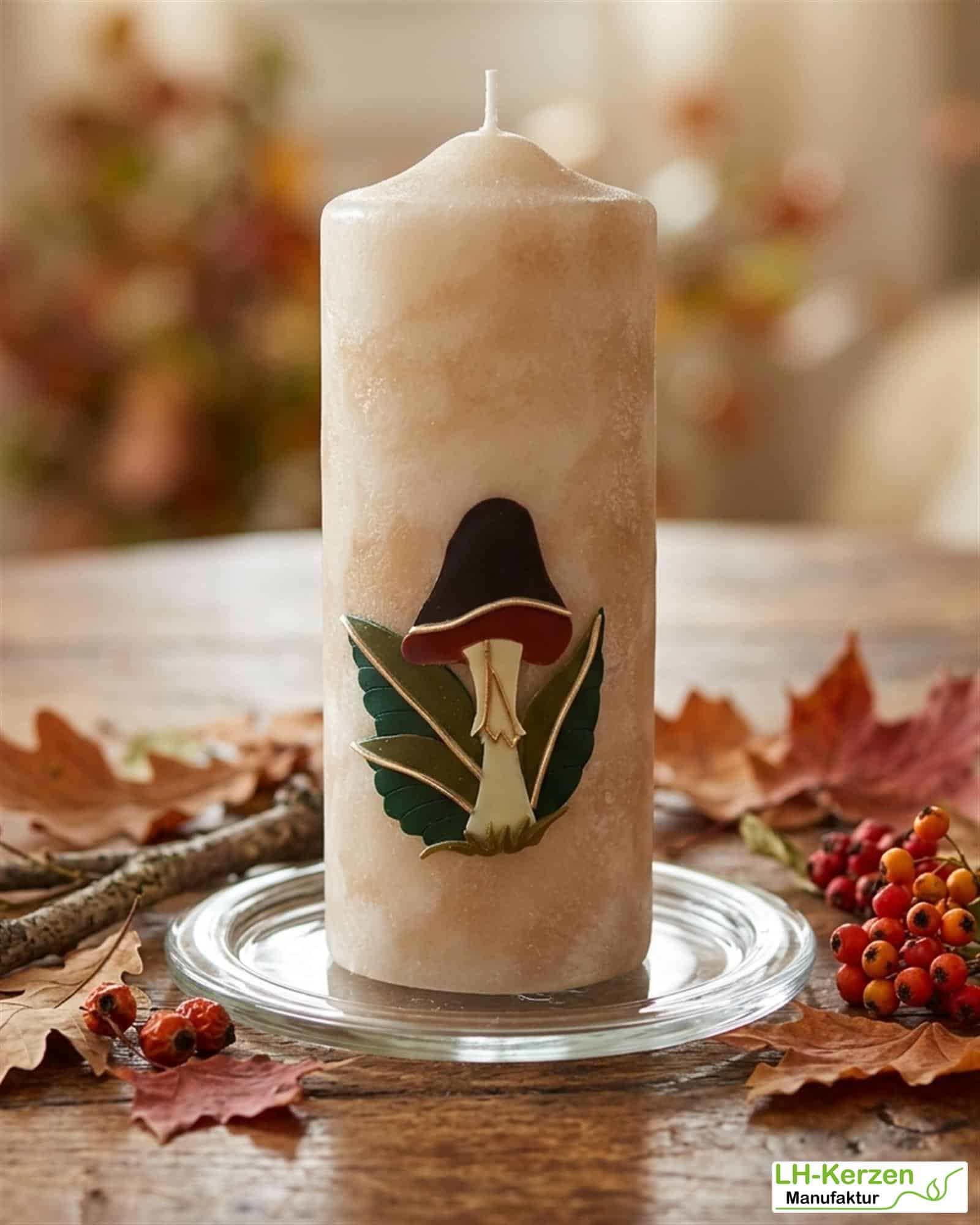 Designkerze mit Pilzmotiv und samtiger Oberfläche – elegantes Wohnaccessoire für den Herbst