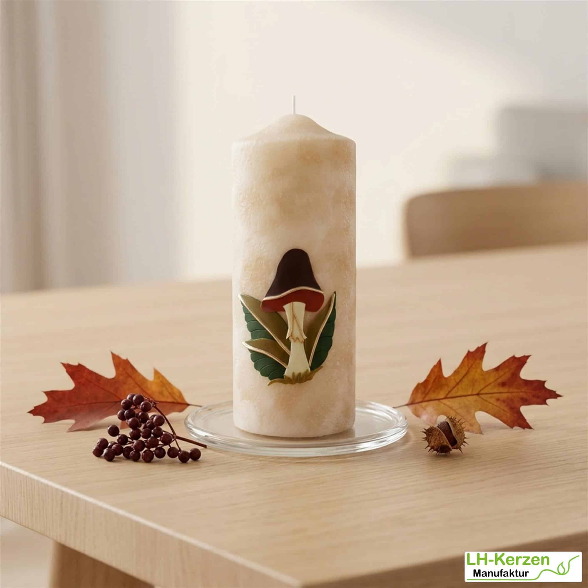 Designkerze mit Pilzmotiv und samtiger Oberfläche – elegantes Wohnaccessoire für den Herbst
