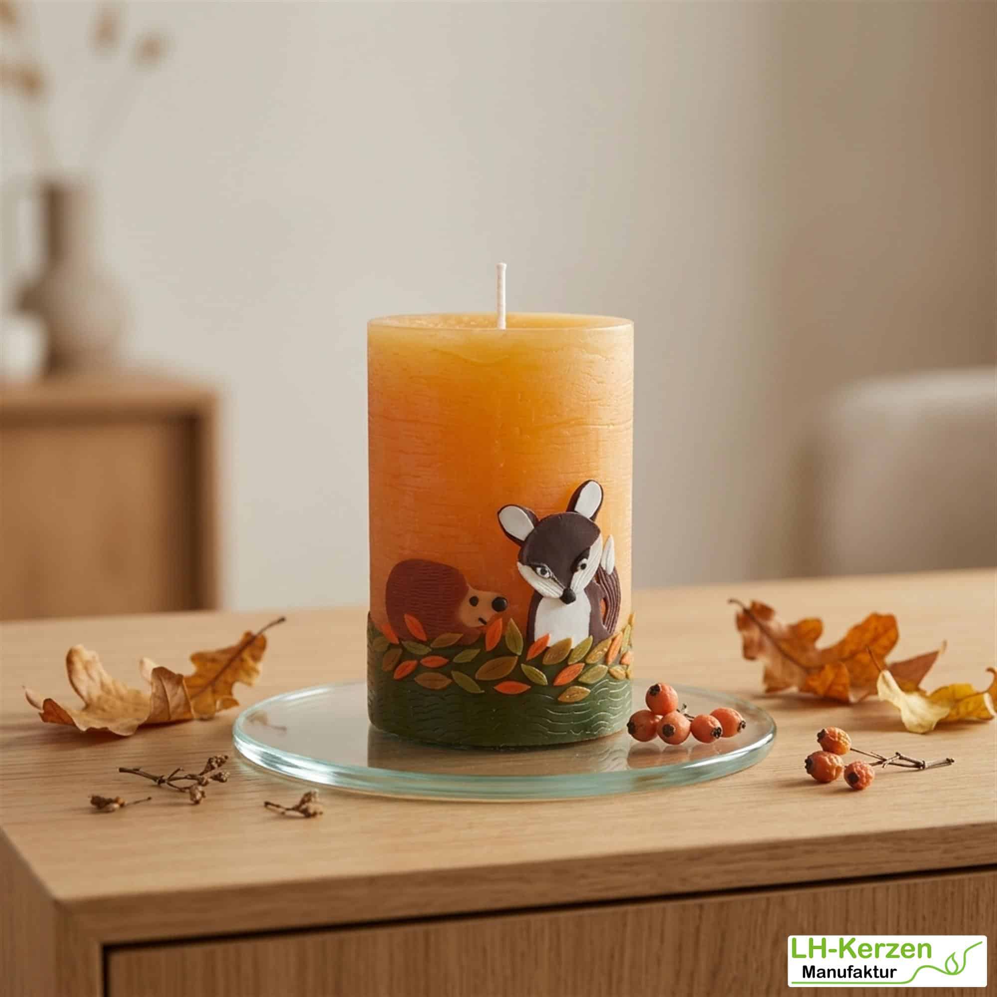 Waldtier-Kerze mit Fuchs & Igel – herbstliche Stimmung für Ihr Zuhause – handgemachte Dekoidee