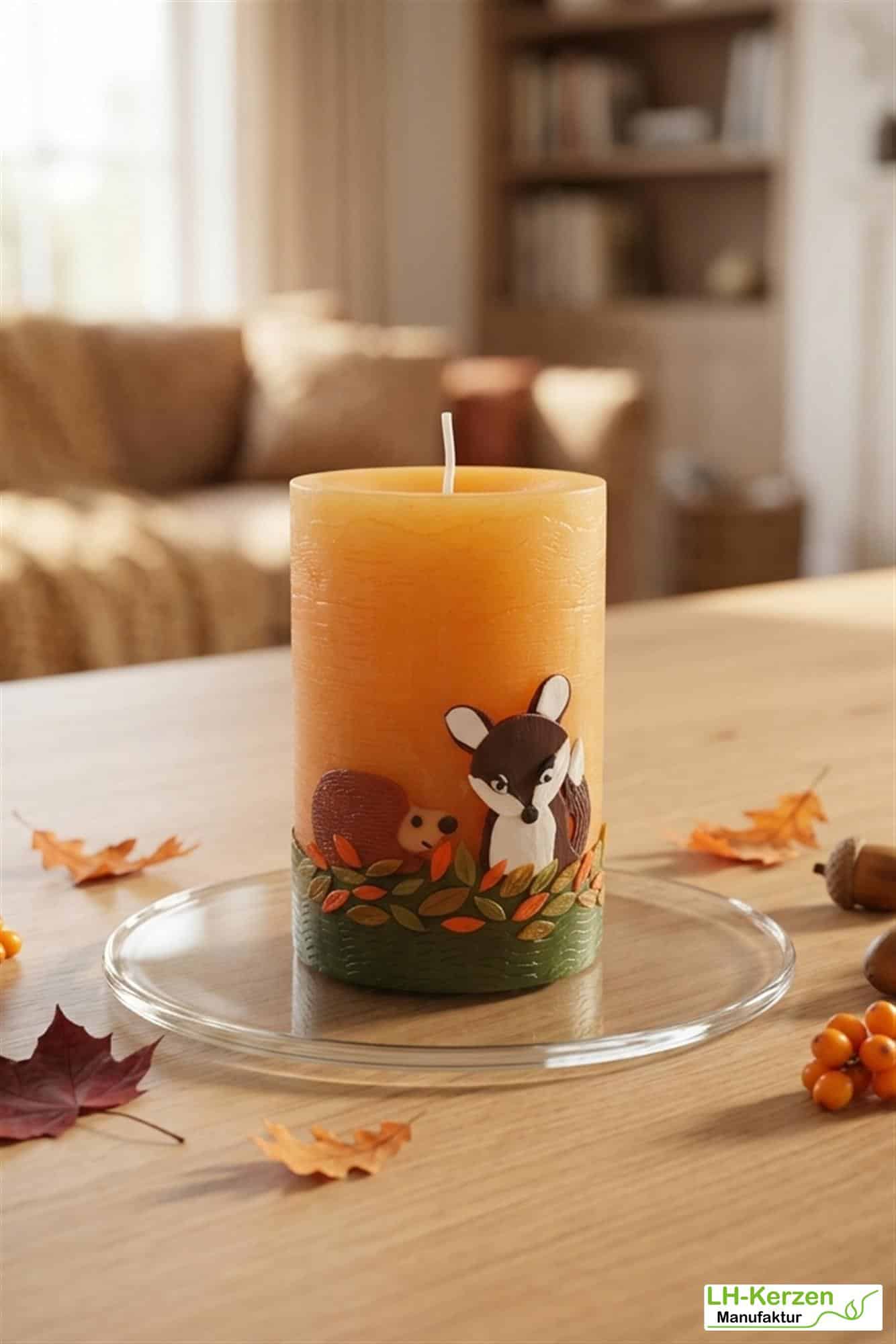 Waldtier-Kerze mit Fuchs & Igel – herbstliche Stimmung für Ihr Zuhause – handgemachte Dekoidee