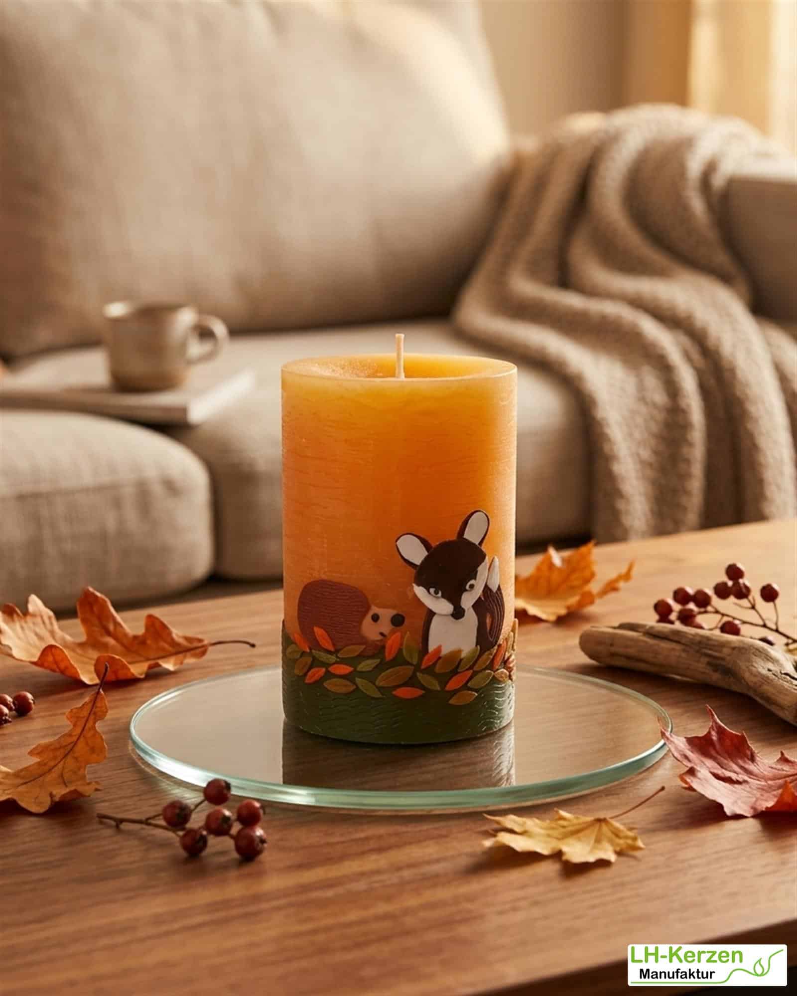 Waldtier-Kerze mit Fuchs & Igel – herbstliche Stimmung für Ihr Zuhause – handgemachte Dekoidee