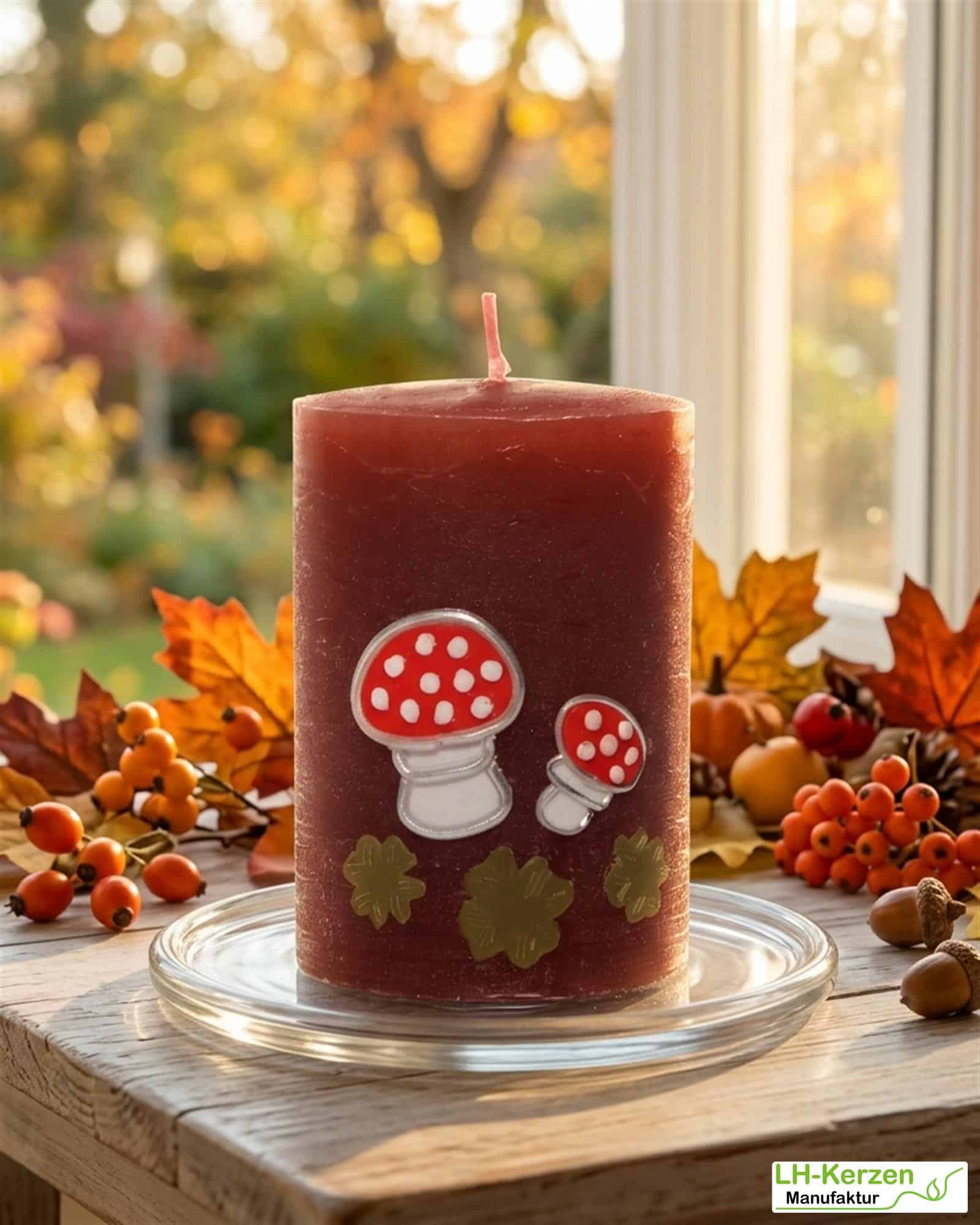 Glückspilz-Kerze für den Herbst – Fliegenpilz-Motiv & Kleeblätter – dekorativ & handmade