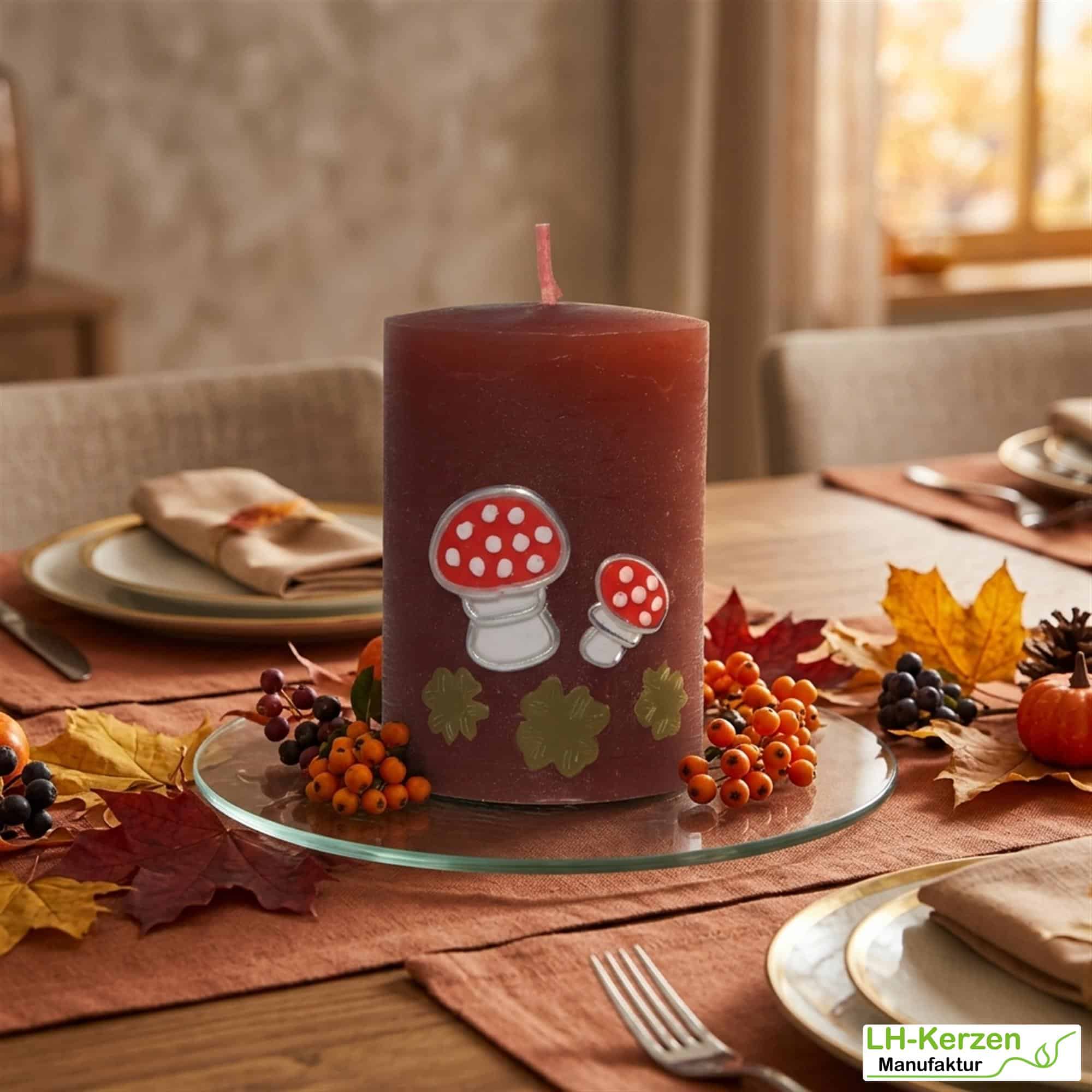Glückspilz-Kerze für den Herbst – Fliegenpilz-Motiv & Kleeblätter – dekorativ & handmade