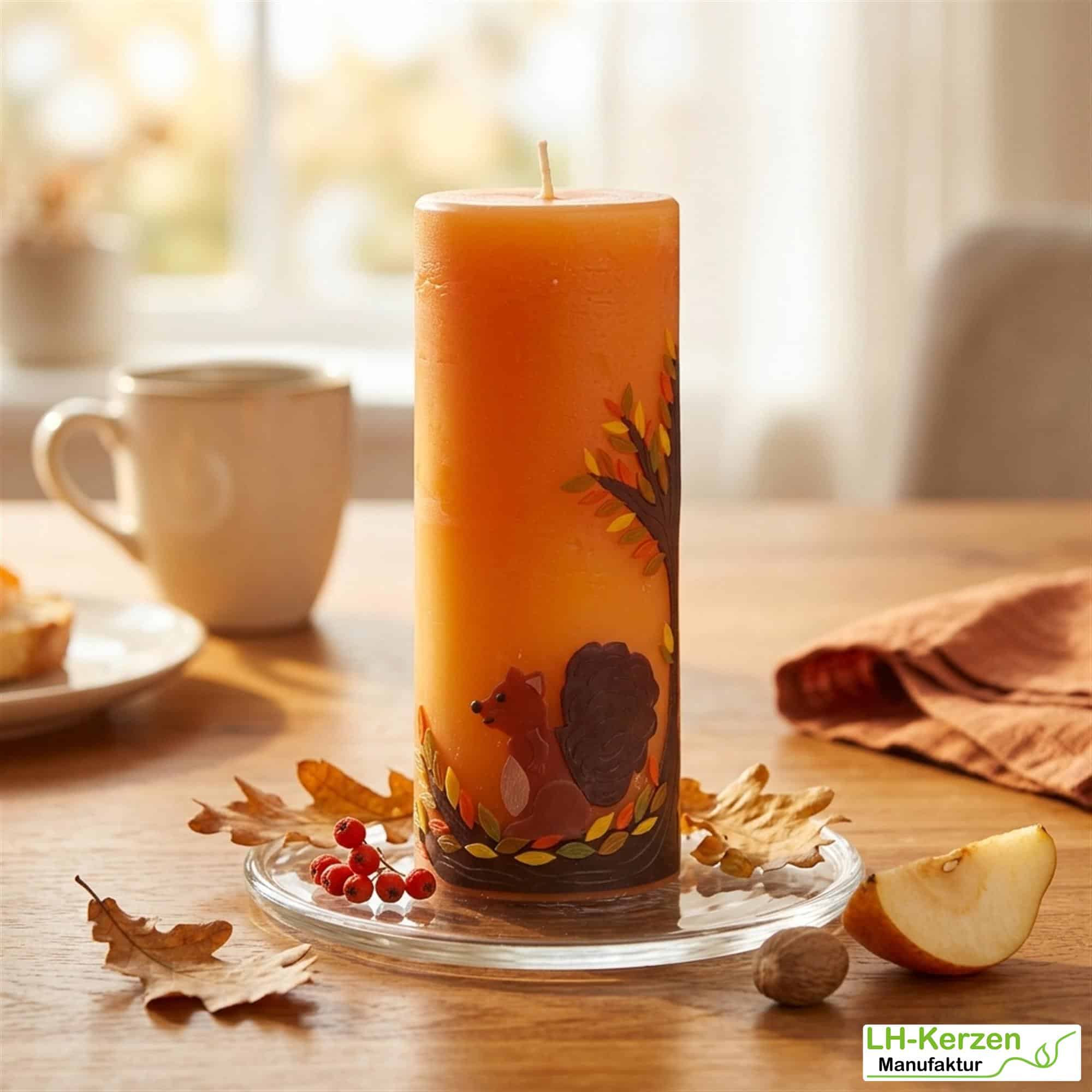 Rustikale Herbstkerze mit Eichhörnchen und Blätternest – stimmungsvolle Handarbeit aus Wachs