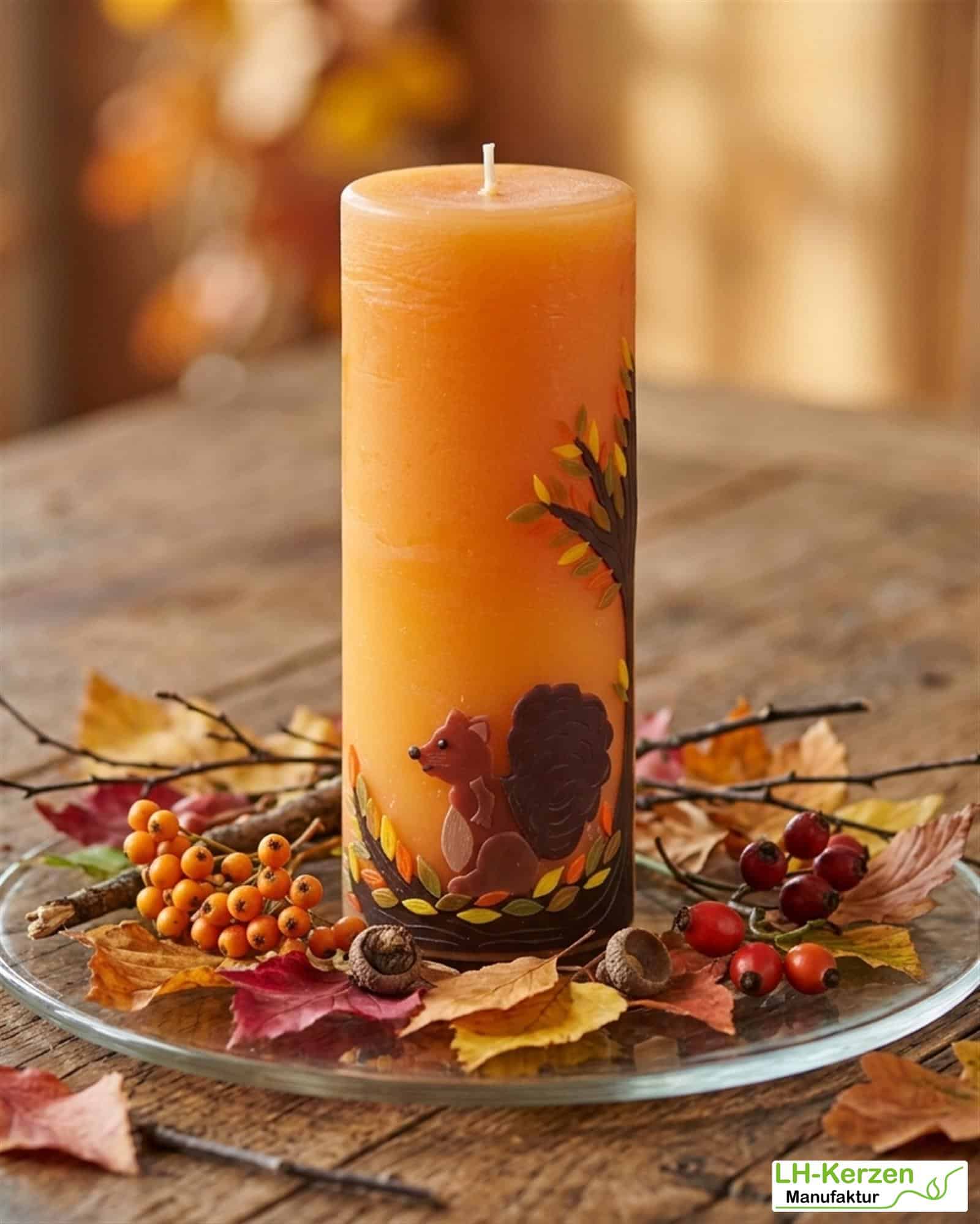 Rustikale Herbstkerze mit Eichhörnchen und Blätternest – stimmungsvolle Handarbeit aus Wachs