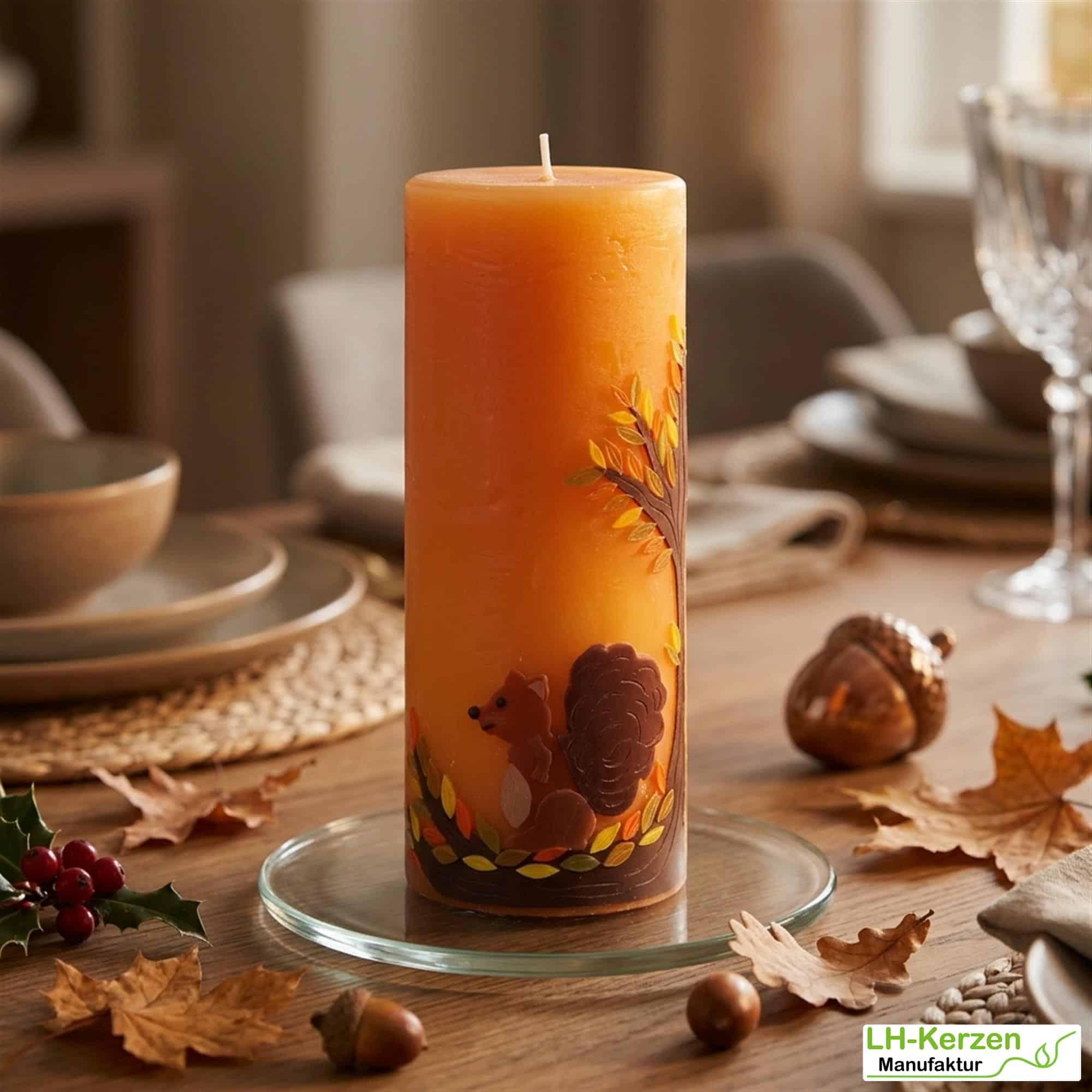 Rustikale Herbstkerze mit Eichhörnchen und Blätternest – stimmungsvolle Handarbeit aus Wachs