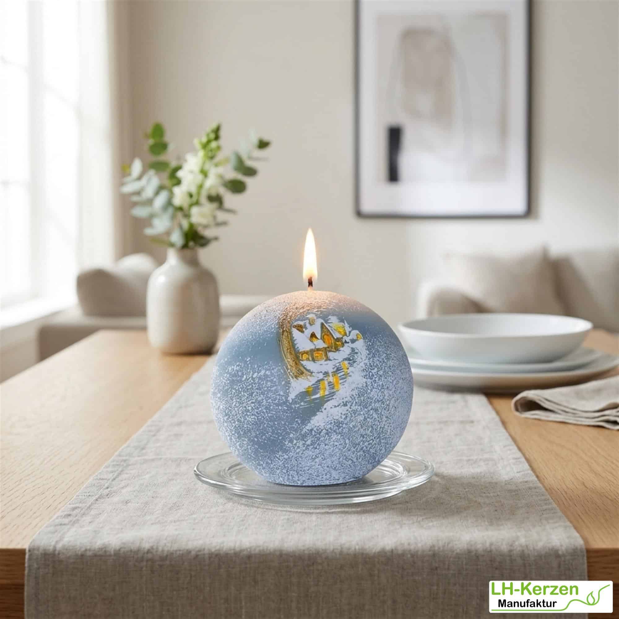 Kugelkerze AuraElsa – Handverziert mit Winterdorf-Szene, festliche Weihnachtsdeko oder Geschenkidee