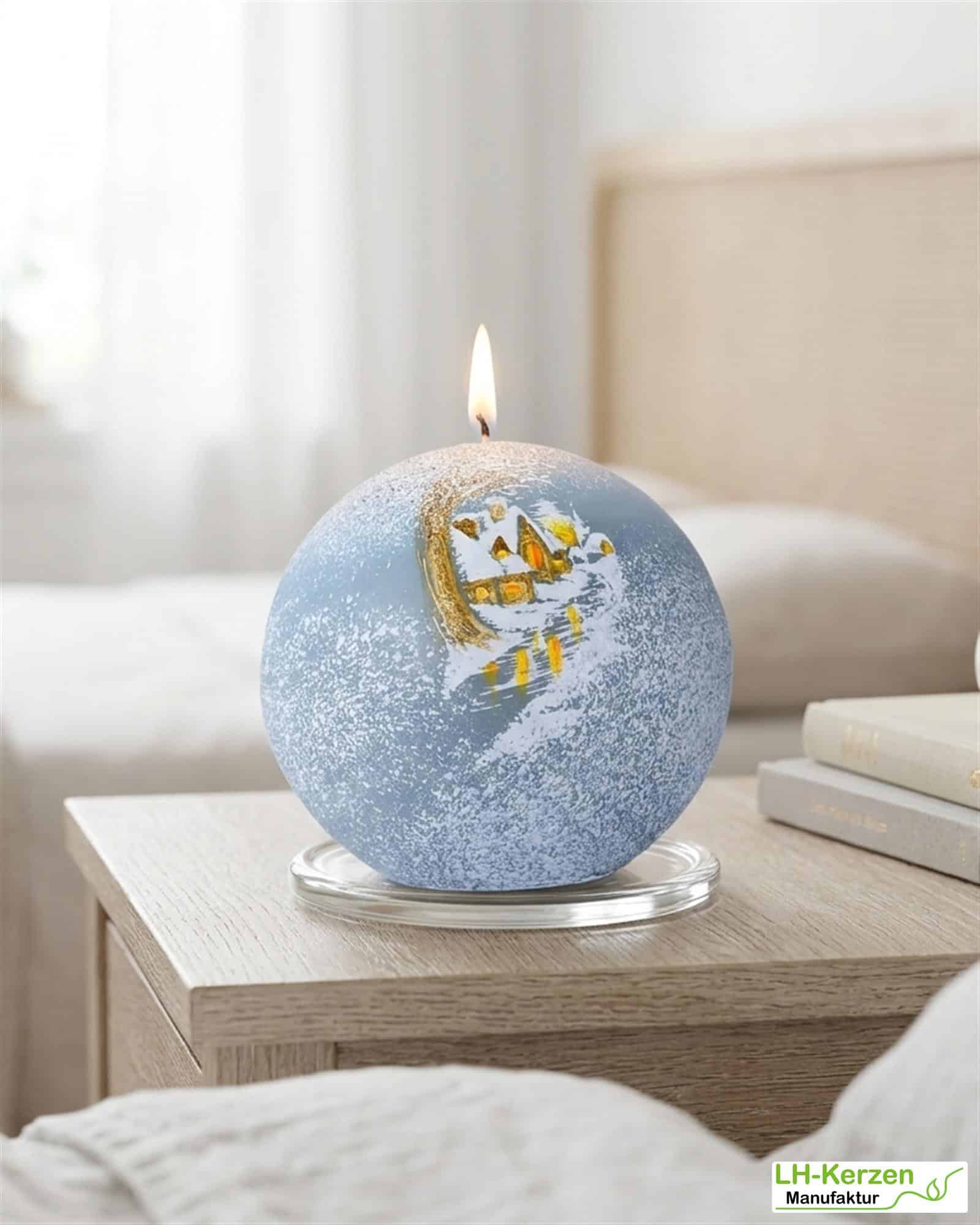 Kugelkerze AuraElsa – Handverziert mit Winterdorf-Szene, festliche Weihnachtsdeko oder Geschenkidee