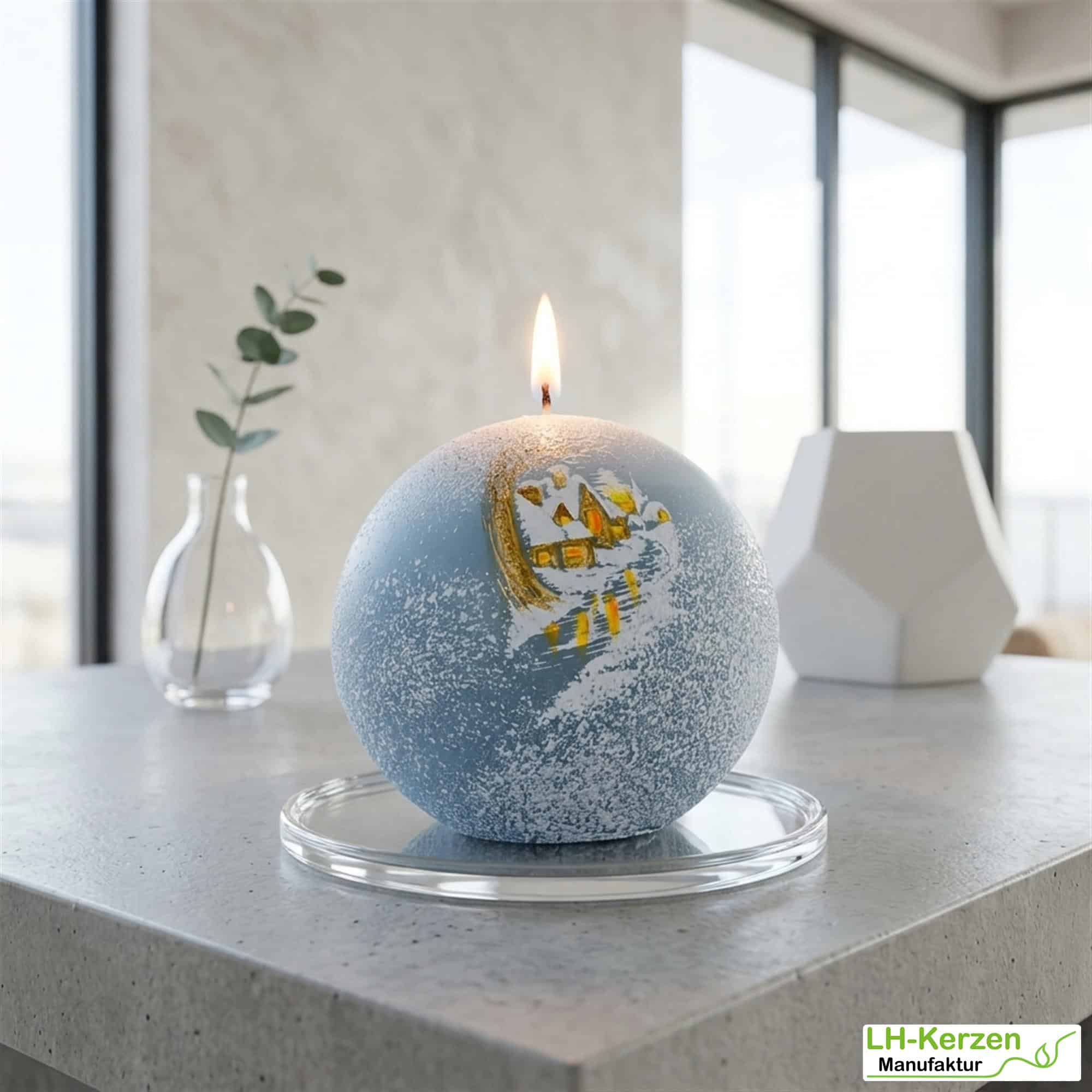 Kugelkerze AuraElsa – Handverziert mit Winterdorf-Szene, festliche Weihnachtsdeko oder Geschenkidee