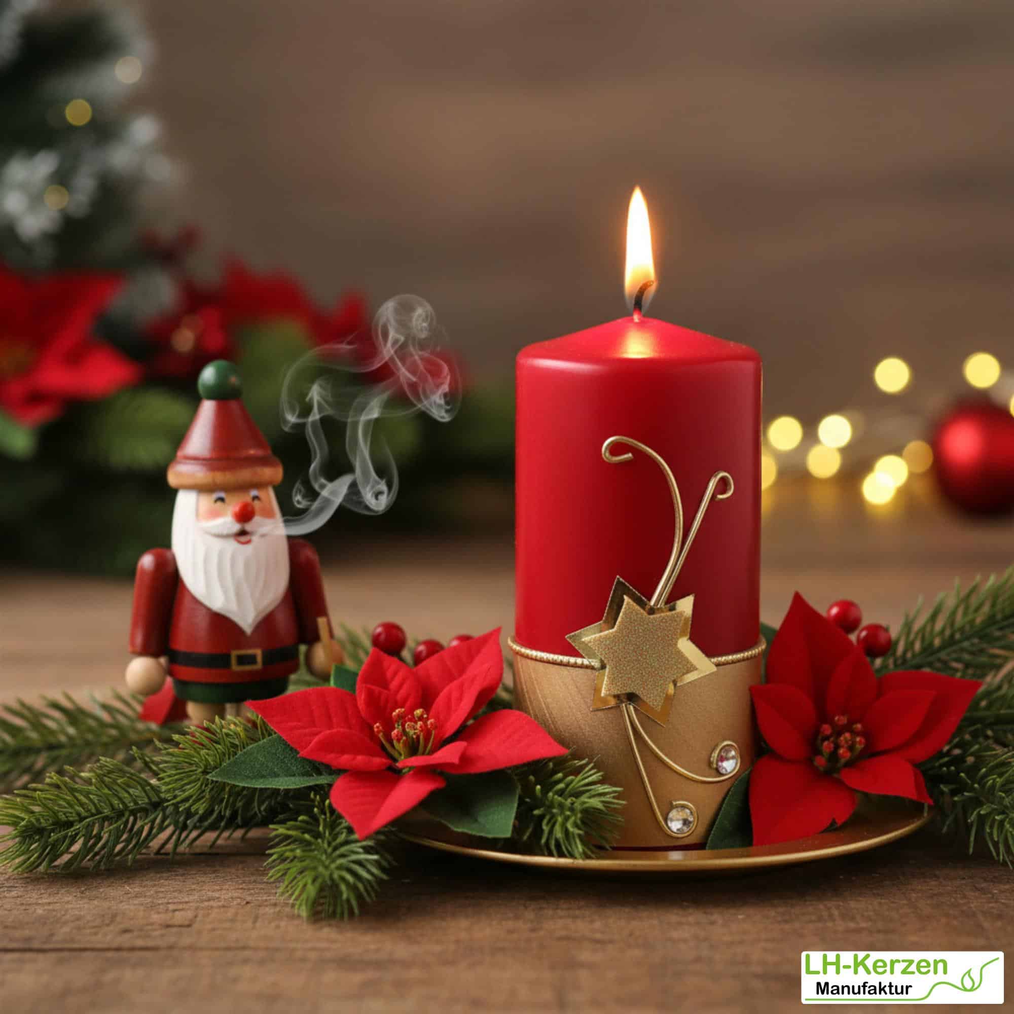 Rote Weihnachtskerze mit goldenem Stern & funkelnden Steinen. Festliche Adventsdeko