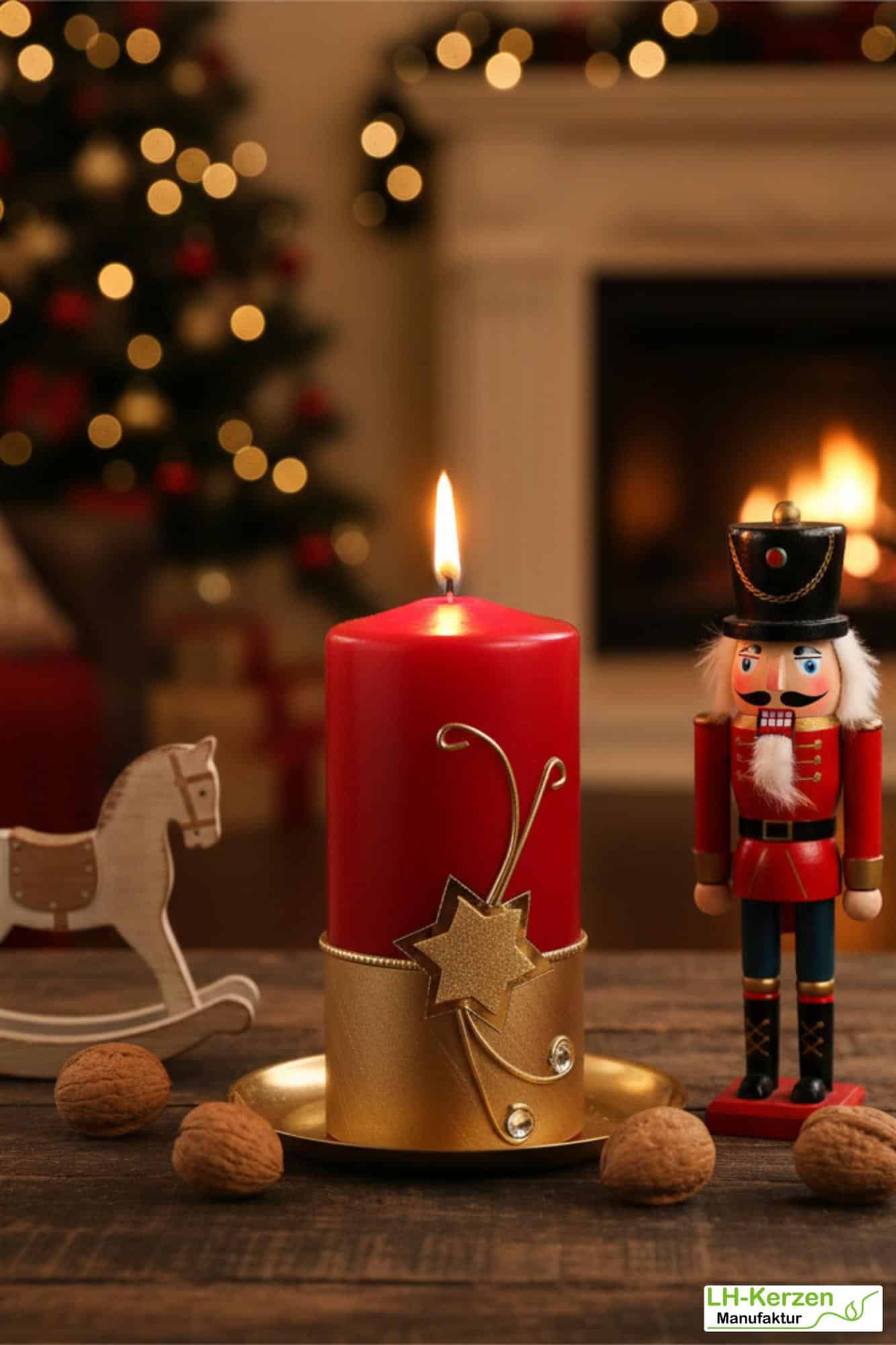 Rote Weihnachtskerze mit goldenem Stern & funkelnden Steinen. Festliche Adventsdeko