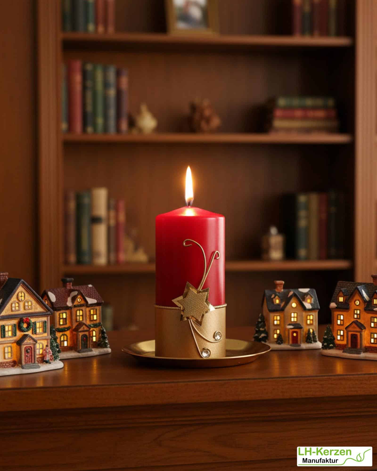 Rote Weihnachtskerze mit goldenem Stern & funkelnden Steinen. Festliche Adventsdeko