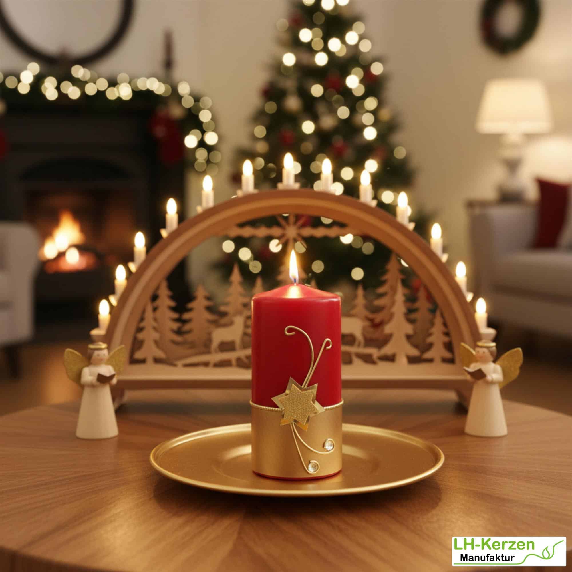 Rote Weihnachtskerze mit goldenem Stern & funkelnden Steinen. Festliche Adventsdeko