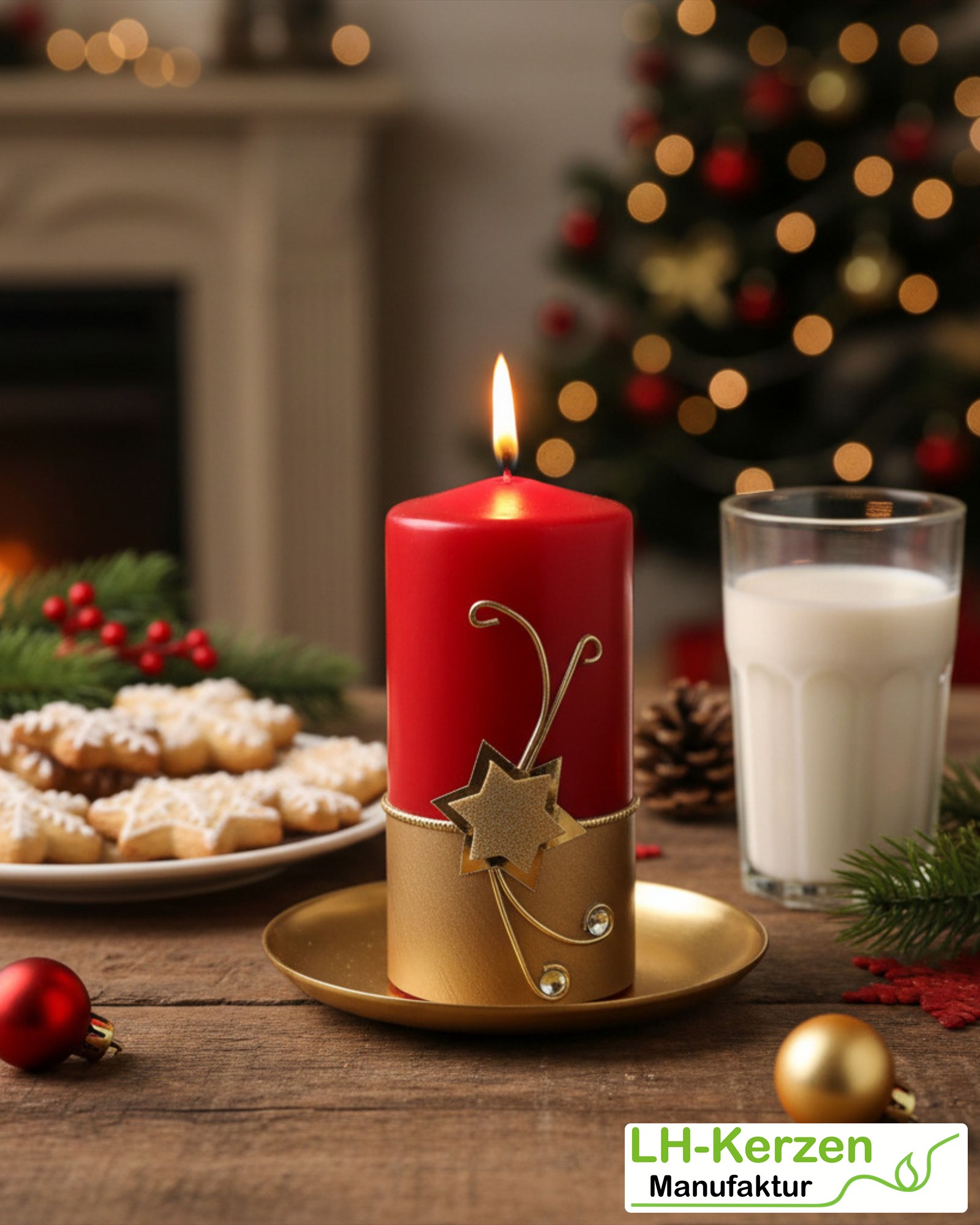 Rote Weihnachtskerze mit goldenem Stern & funkelnden Steinen. Festliche Adventsdeko