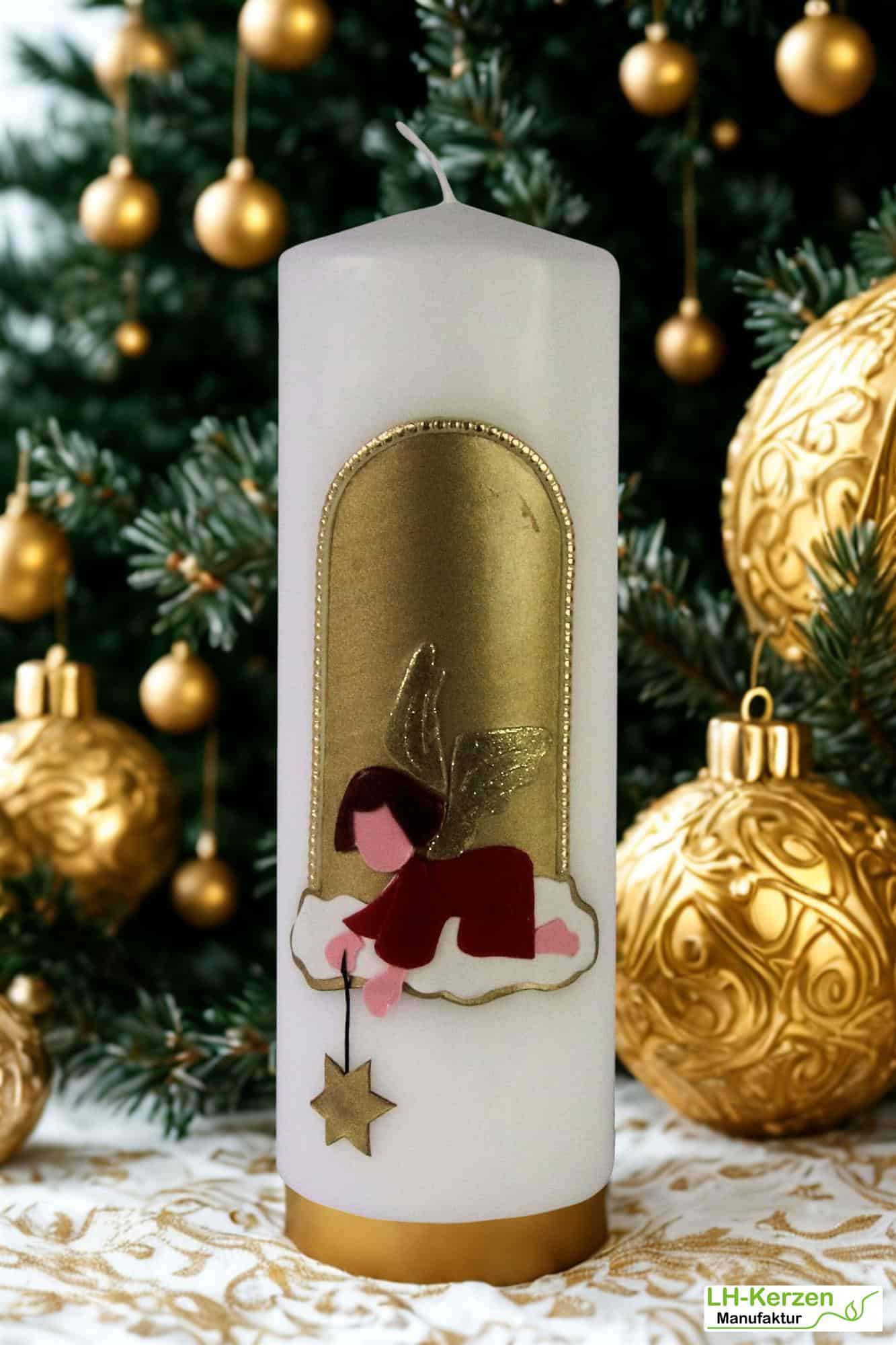 Weihnachtskerze Engel weiß mit goldenem Stern – Handarbeit, festliche Dekoration, personalisierbar