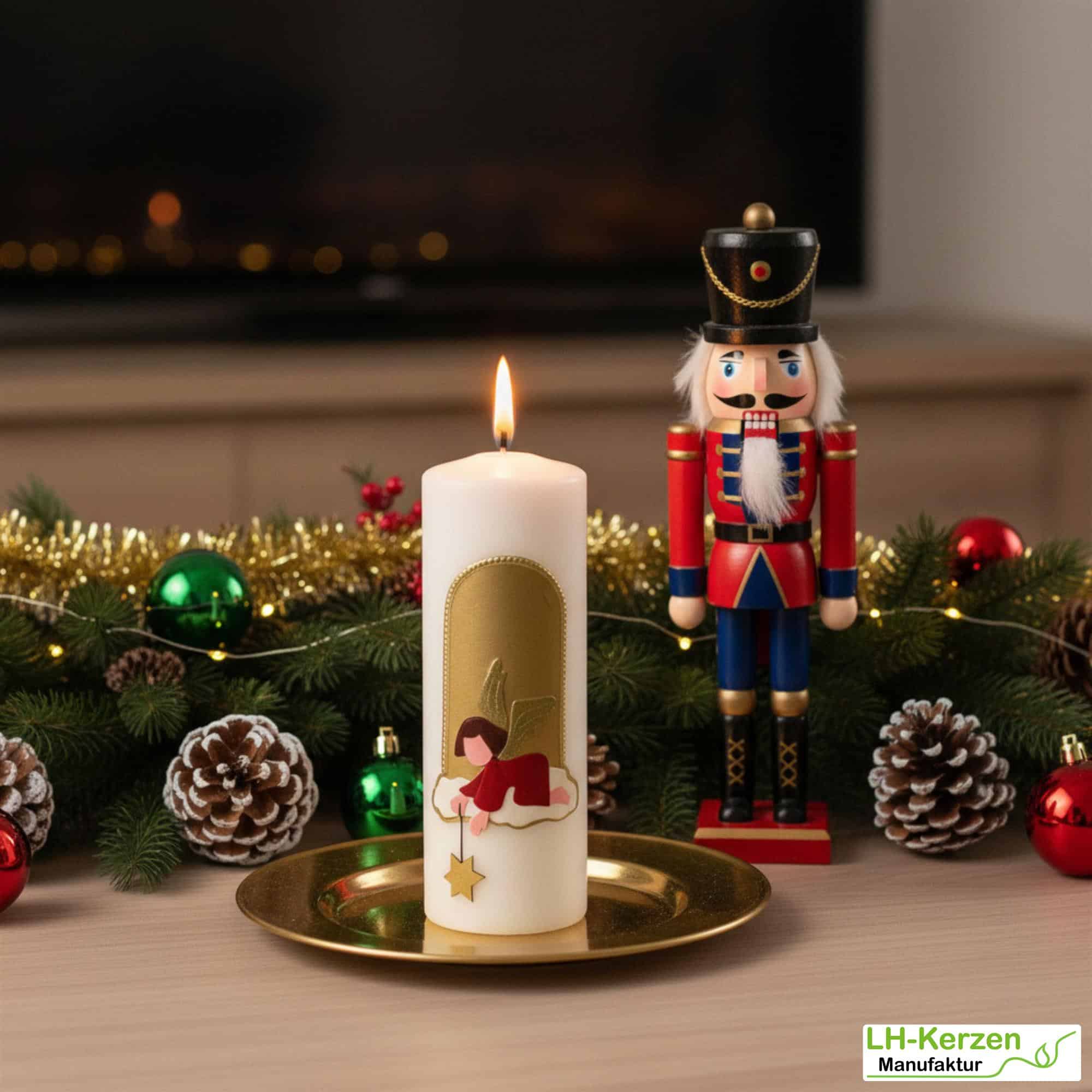 Weihnachtskerze Engel weiß mit goldenem Stern – Handarbeit, festliche Dekoration, personalisierbar