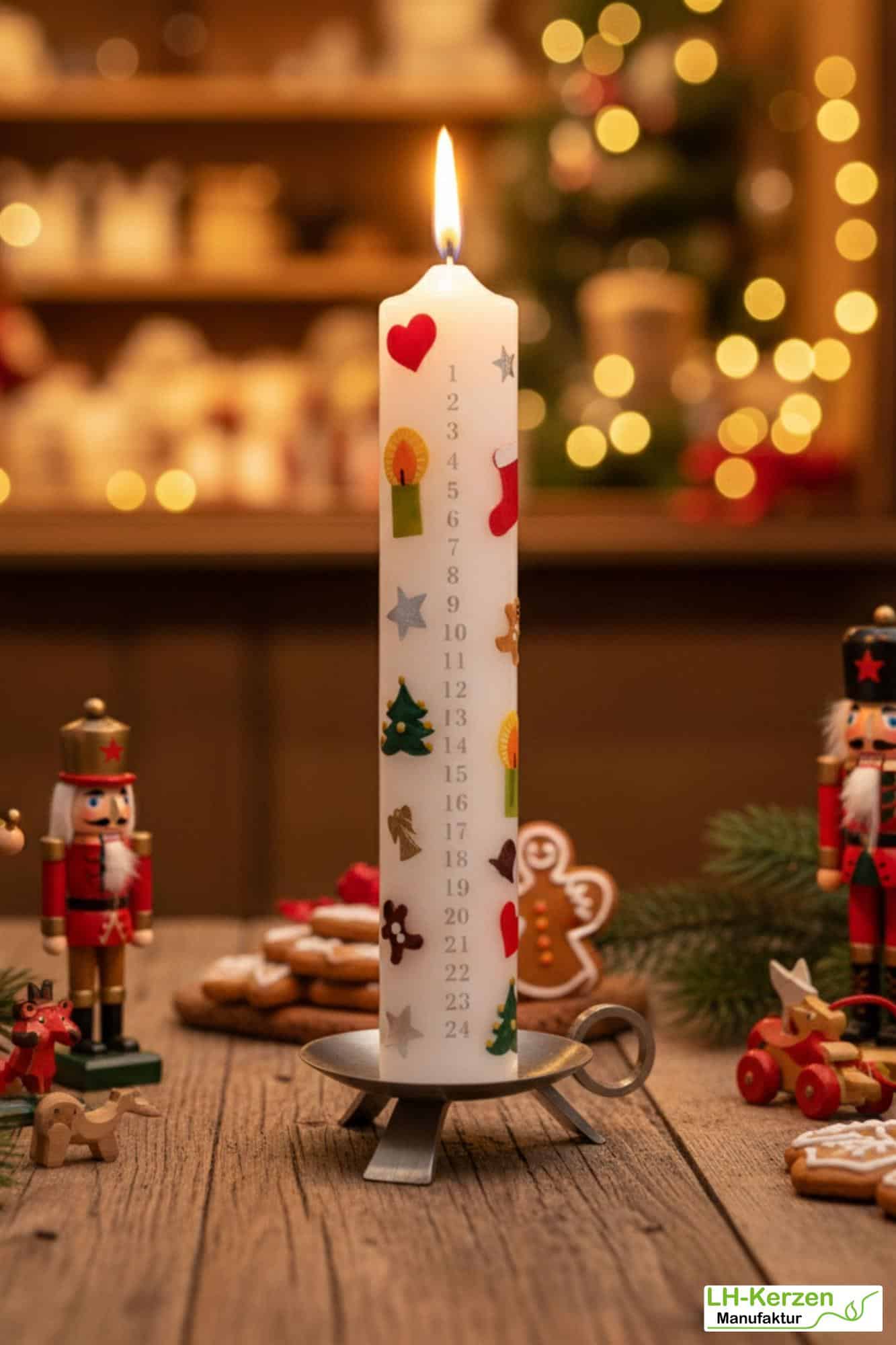 Adventskalenderkerze personalisierbar – Herz, Kerze, Stern, Weihnachtsbaum, Engel, Lebkuchenmann