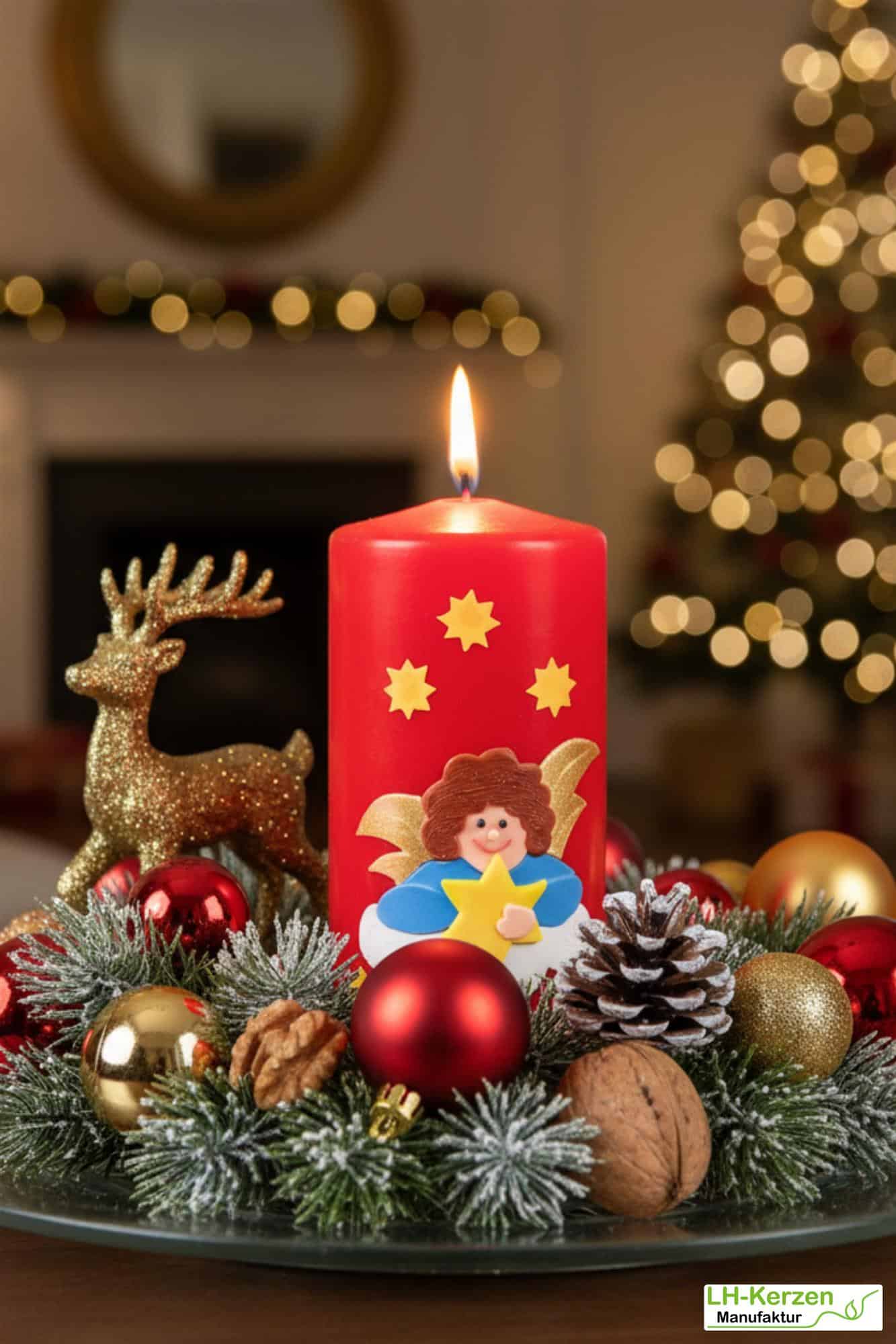 rote Weihnachtskerze mit Engel auf Wolke im Sternenhimmel