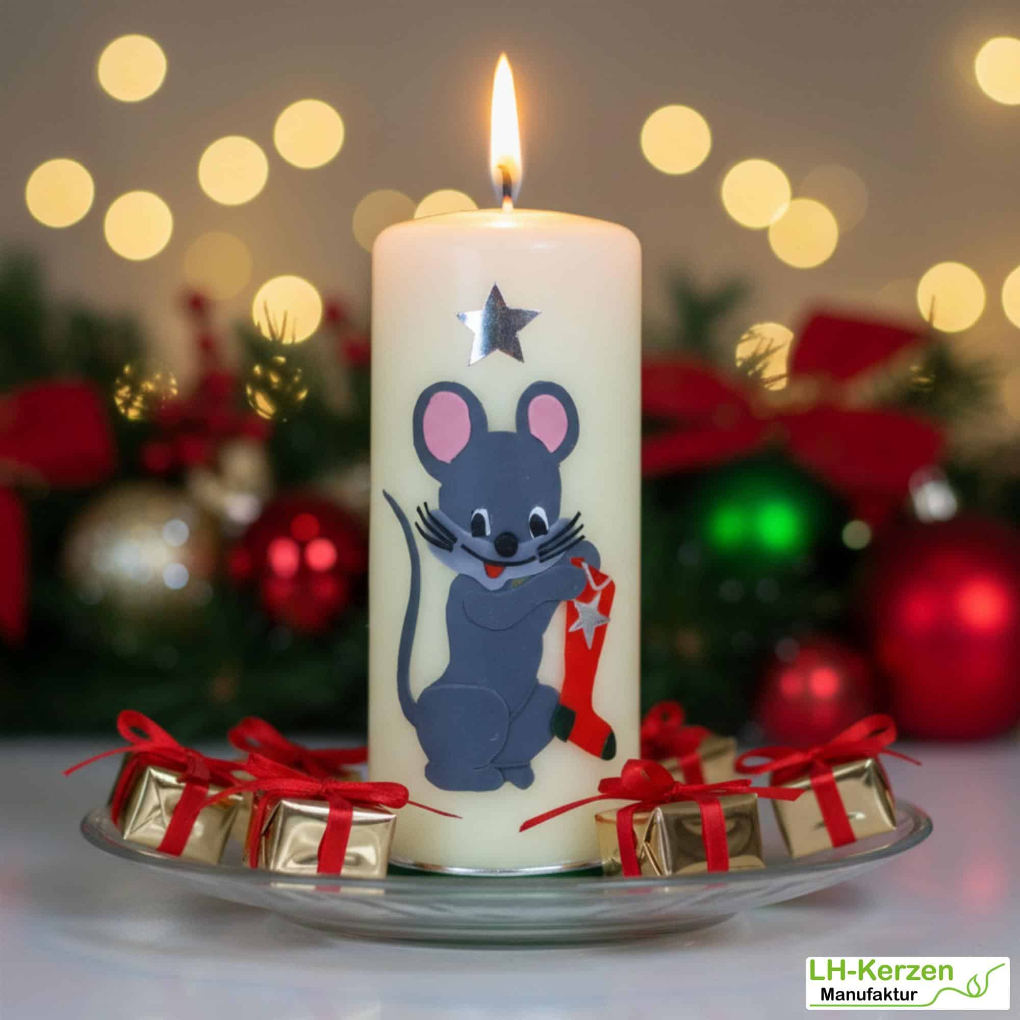 Weihnachtsmaus Kerze 'Mäusefreude': Handverzierte Weihnachtskerze mit niedlicher Maus und Stern