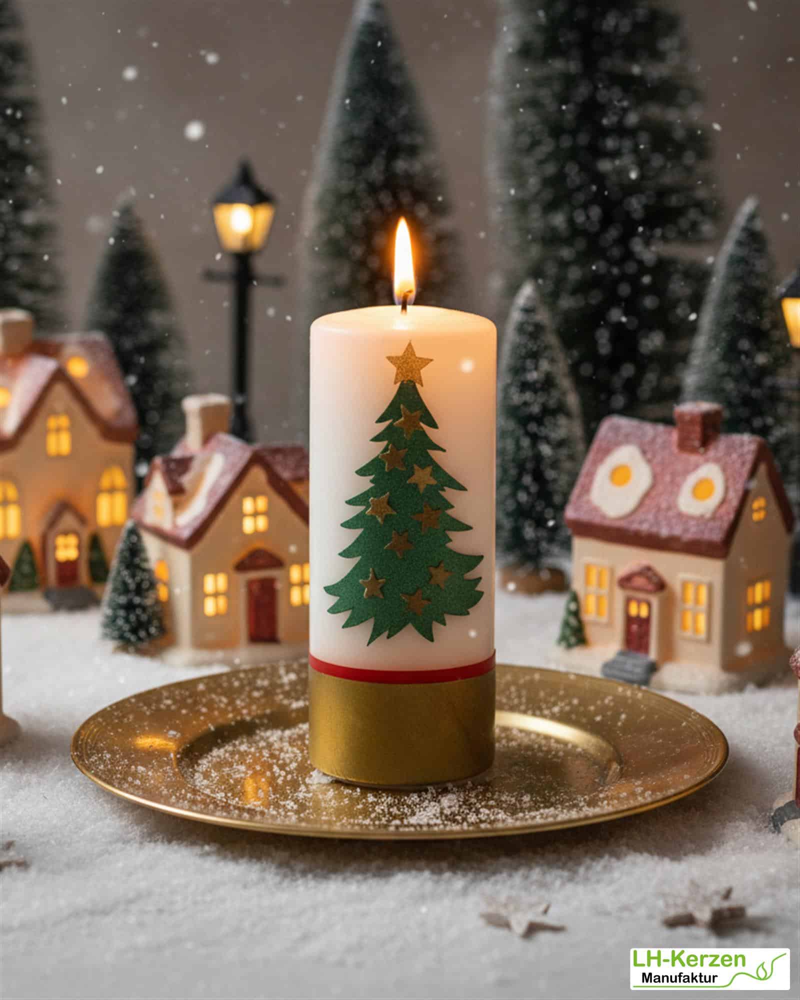 Weihnachtskerze personalisierbar – Kerze mit Tannenbaum und goldenen Sternen, handverziert