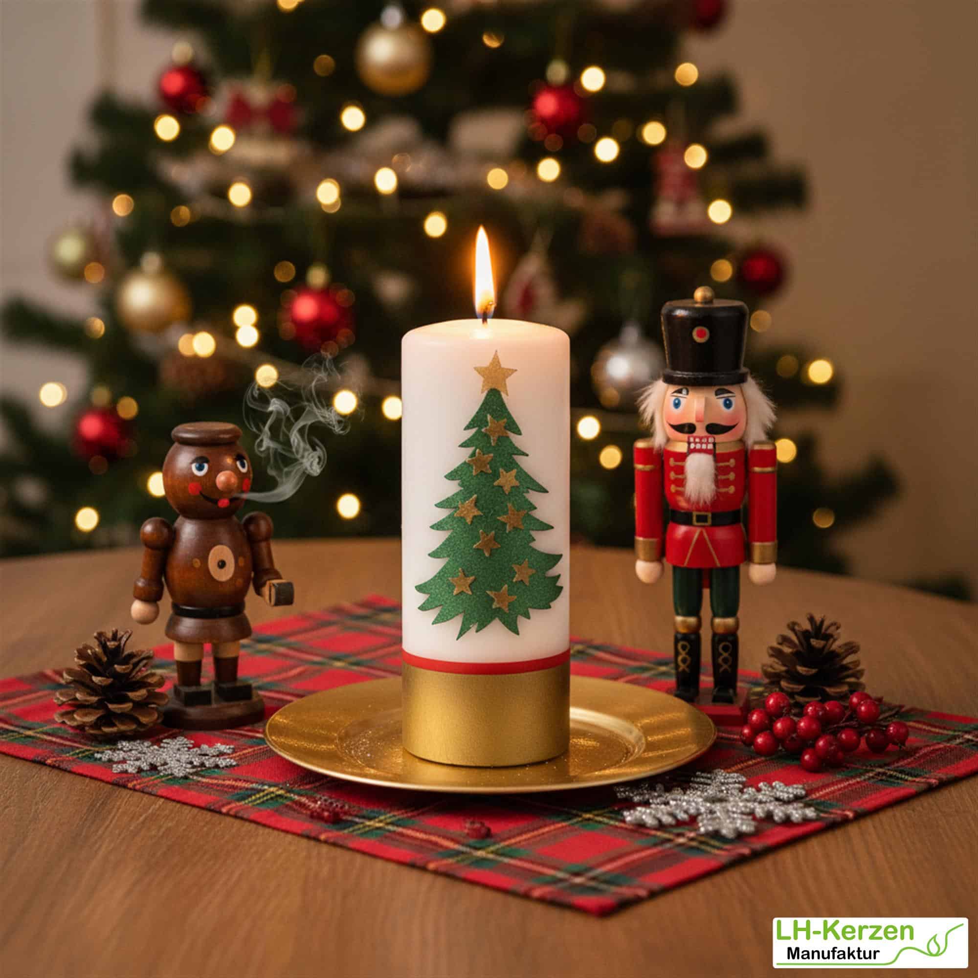 Weihnachtskerze personalisierbar – Kerze mit Tannenbaum und goldenen Sternen, handverziert