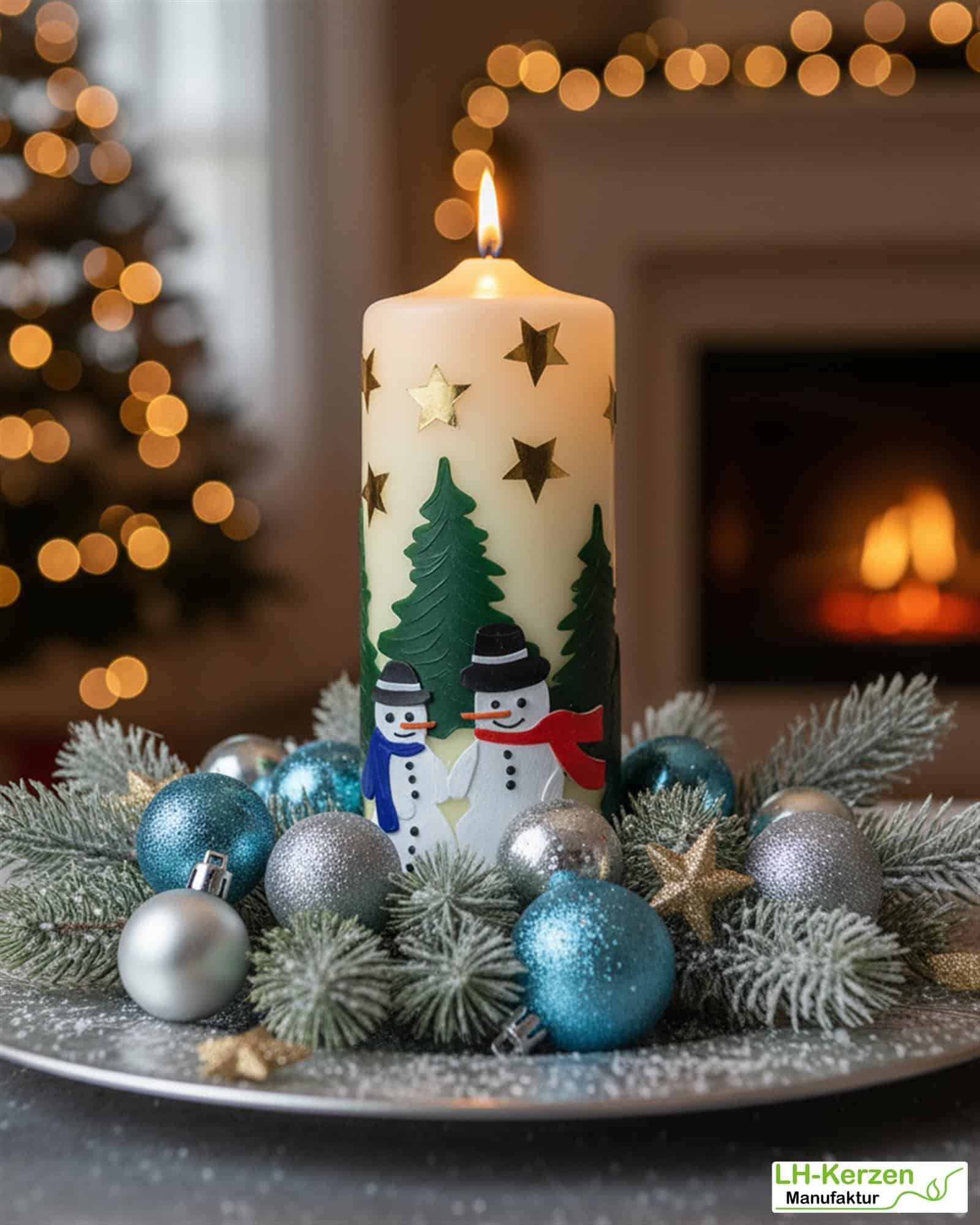 Weihnachtskerze "Frostige Freunde" – Handverziert mit Schneemännern, Tannenwald und Sternen