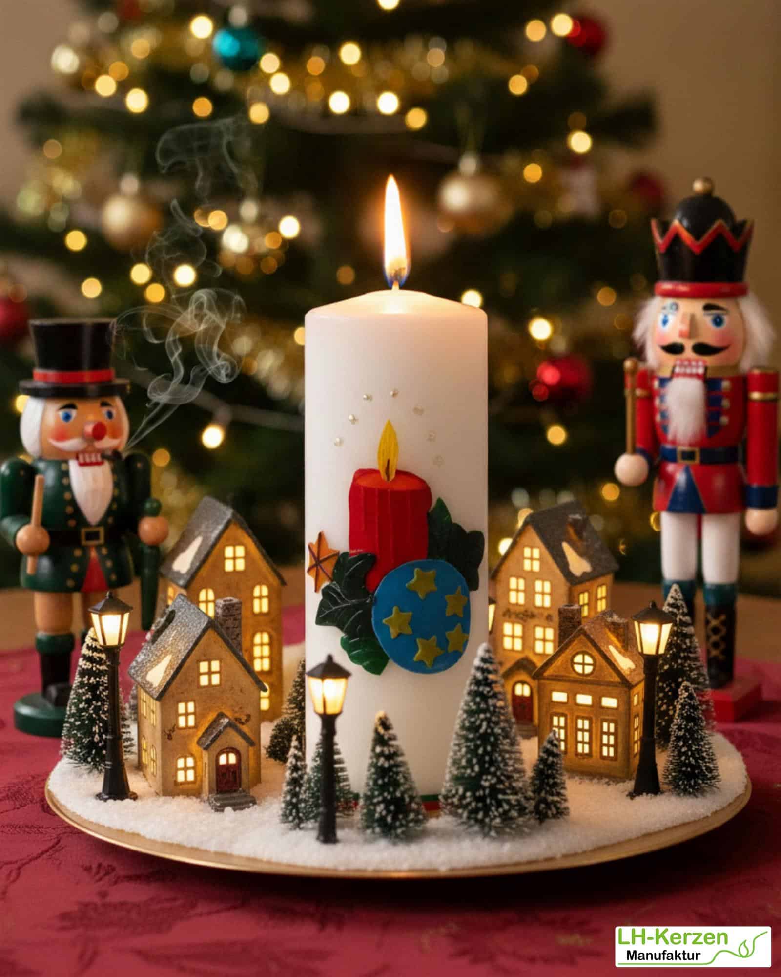 Weihnachtskerze personalisierbar – weiße Kerze mit roter Kerze und Kugel, ideale Adventsdeko