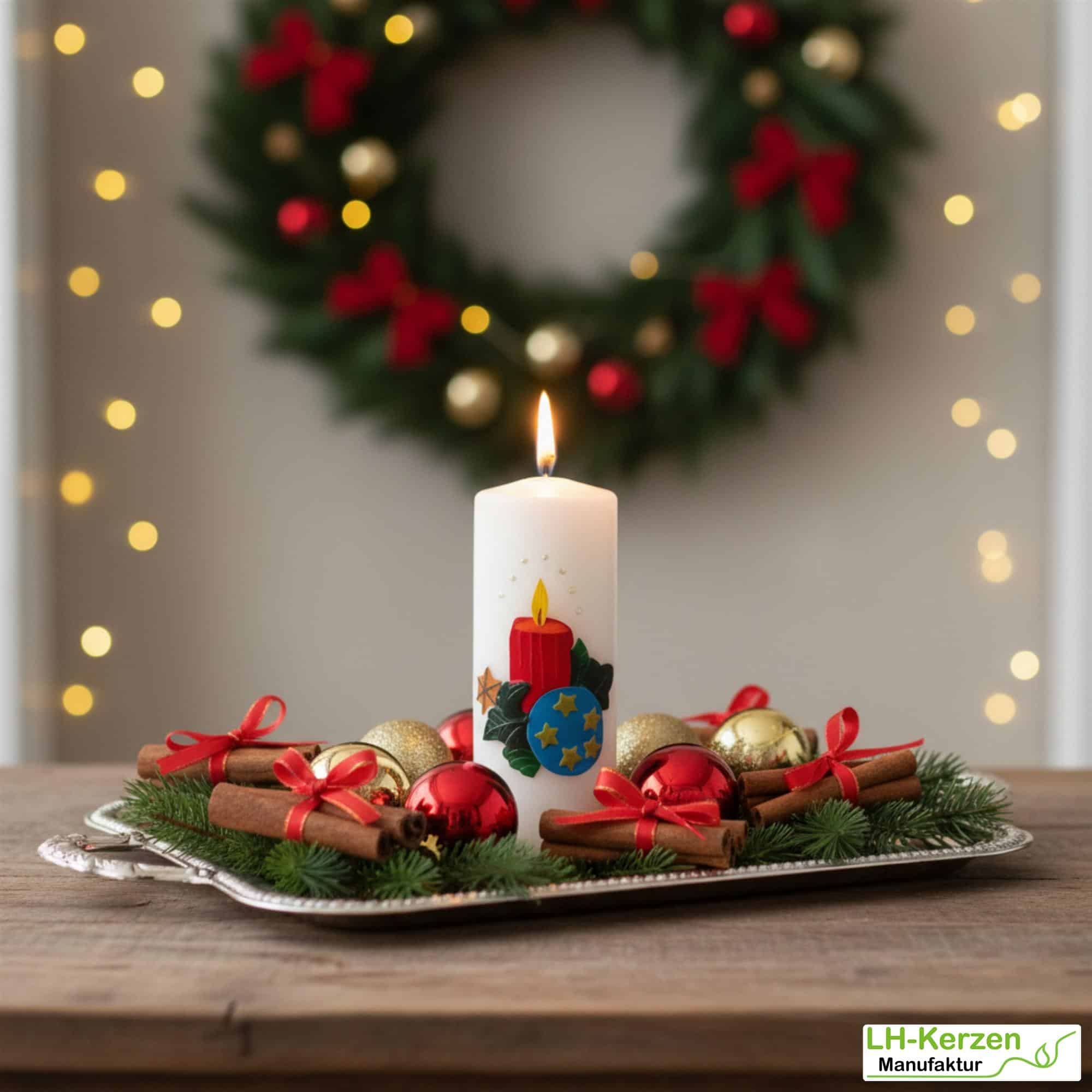 Weihnachtskerze personalisierbar – weiße Kerze mit roter Kerze und Kugel, ideale Adventsdeko