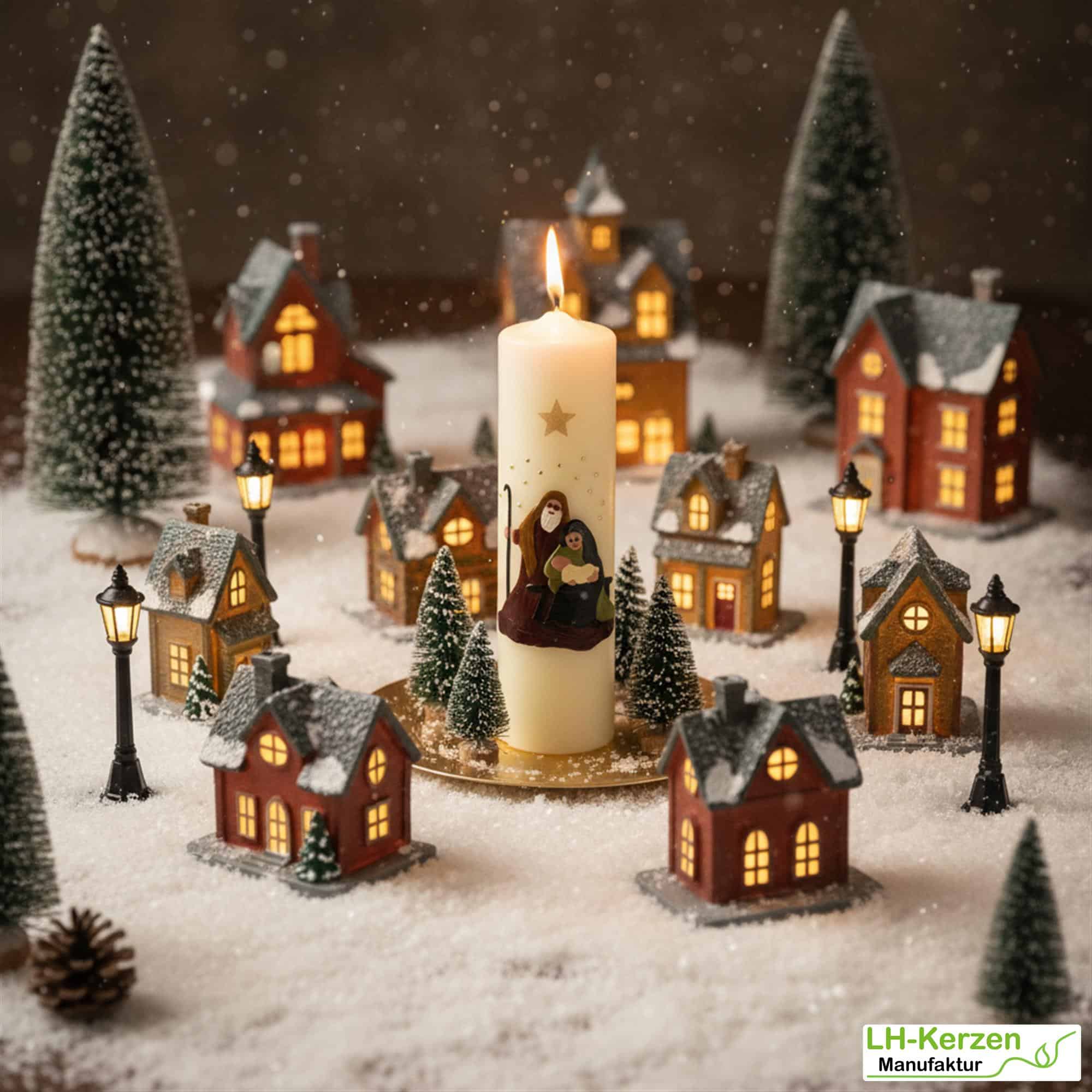 Weihnachtskerze personalisierbar – große Kerze mit Heiliger Familie, 300 mm Höhe, brennt 130 Stunden