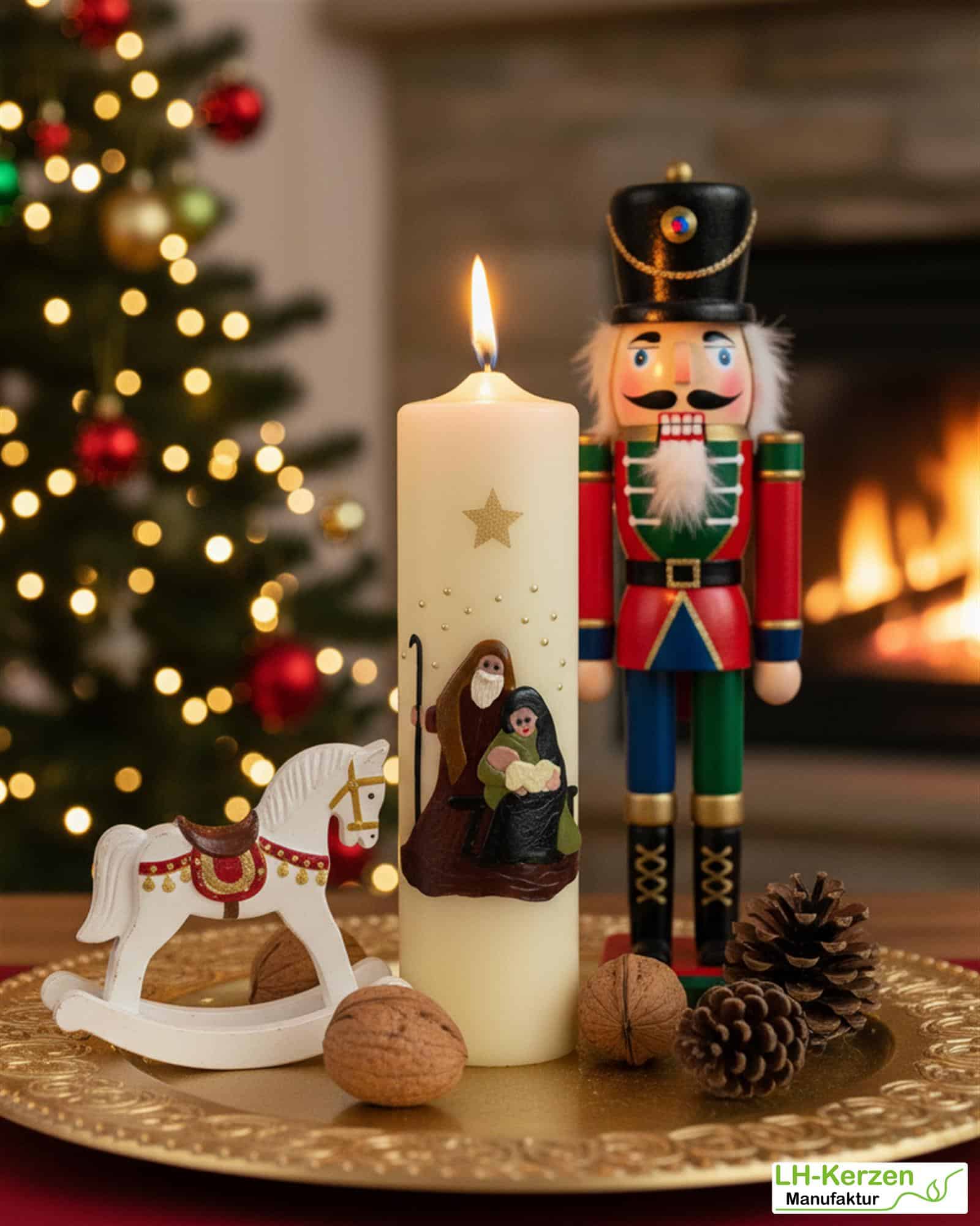 Weihnachtskerze personalisierbar – große Kerze mit Heiliger Familie, 300 mm Höhe, brennt 130 Stunden