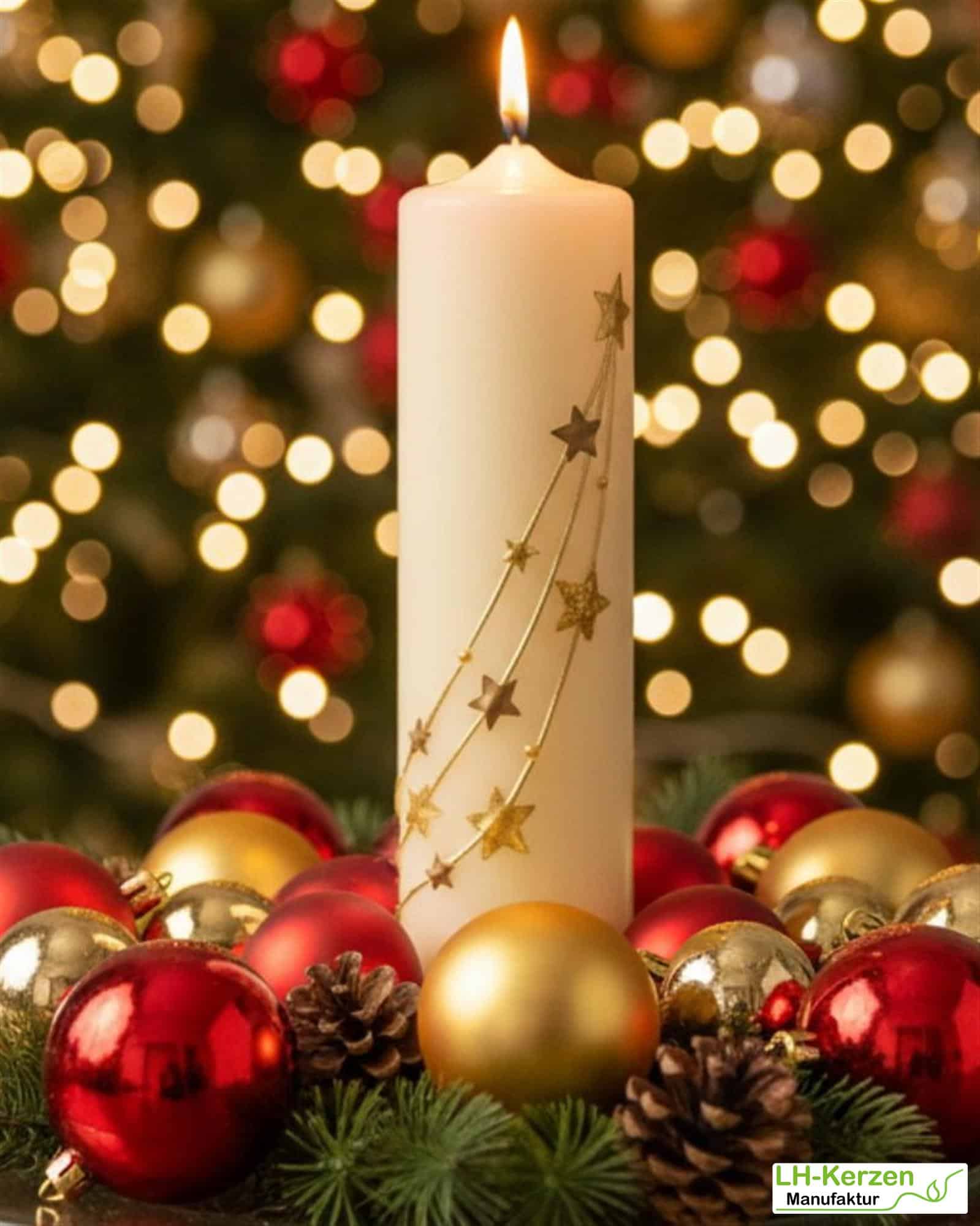 Weihnachtskerze personalisierbar – elfenbeinfarbene Kerze 'Sternenzauber' mit goldenen Sternen