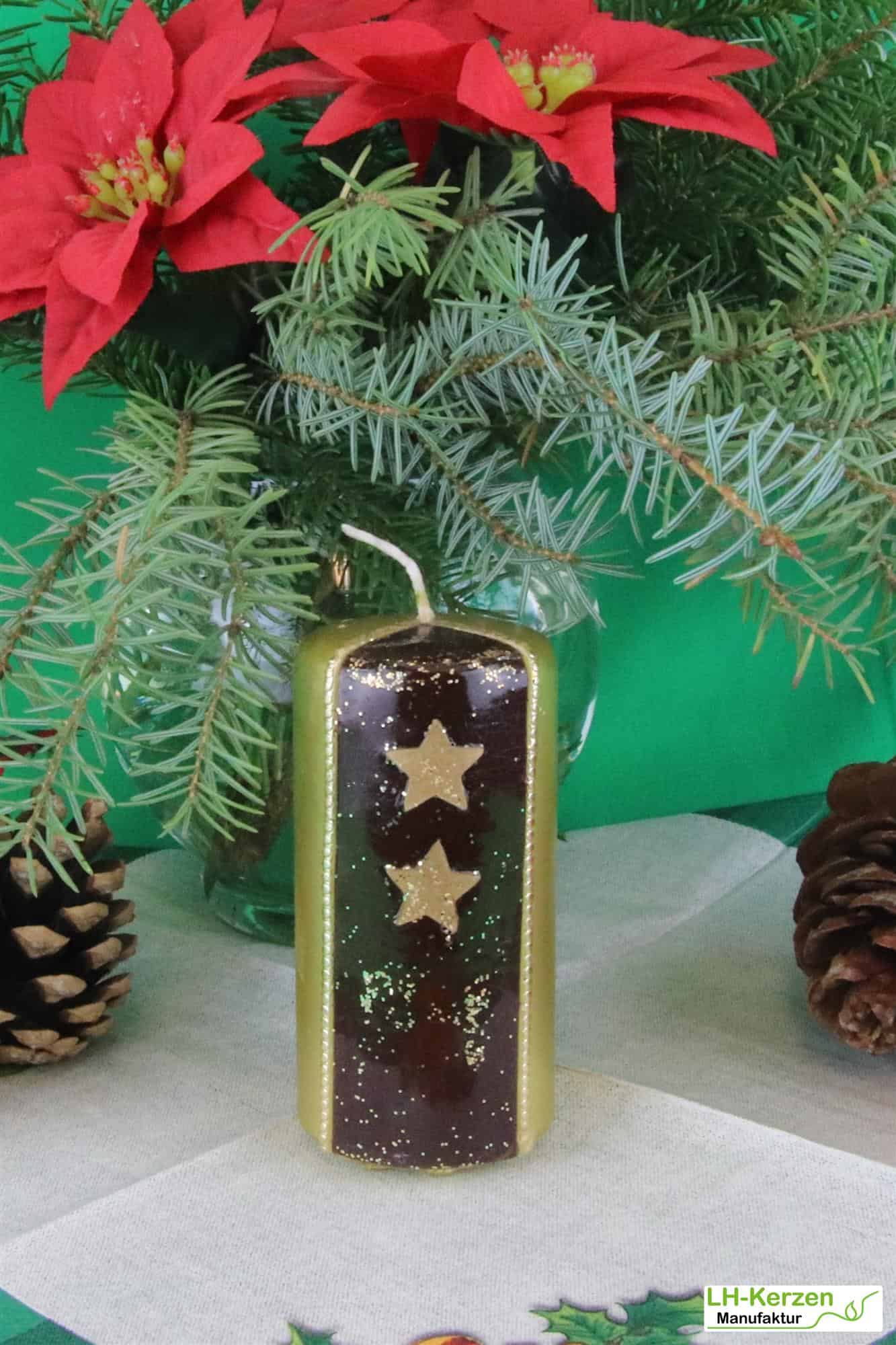 WK5111_kleine goldene Weihnachtskerze braun verziert mit Sternen