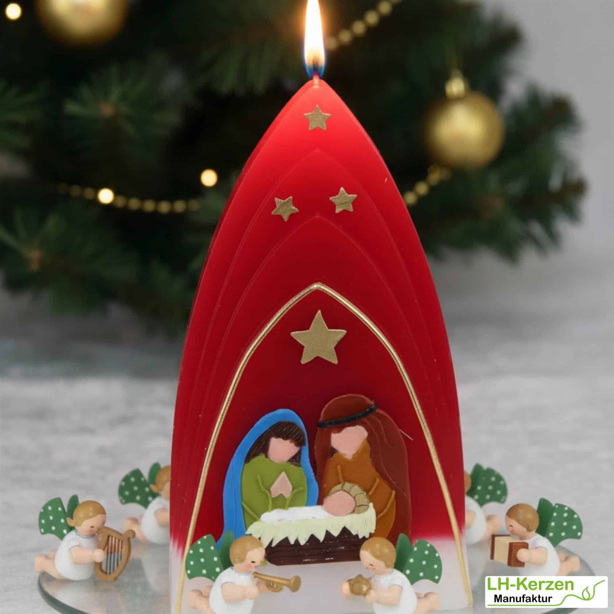 Weihnachtskerze personalisierbar – Kuppelmotiv rot-weiß mit Christkind, Maria und Josef