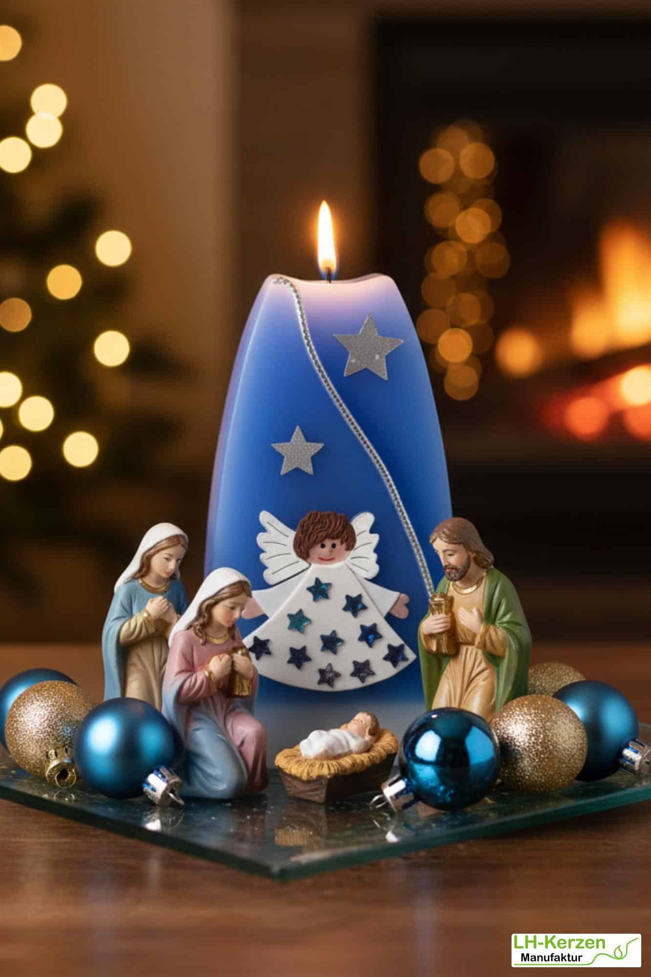 Weihnachtskerze personalisierbar – blaue Formenkerze Doppelbogen mit Engel, himmlisches Design