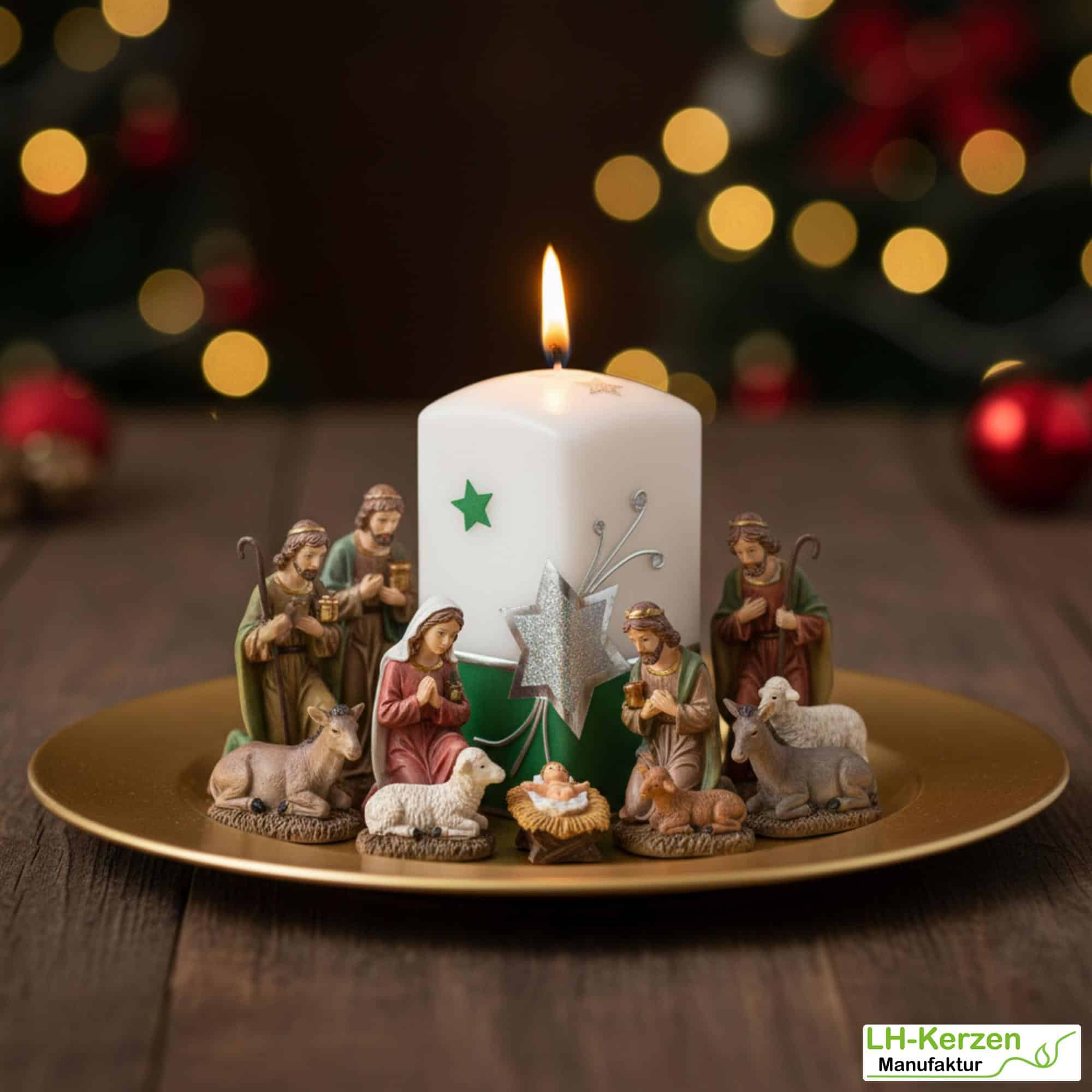 Weihnachtskerze Weihnachtsstern und Sternenschweif mit Strass-Steinen grün, weiß, silber, Quaderform