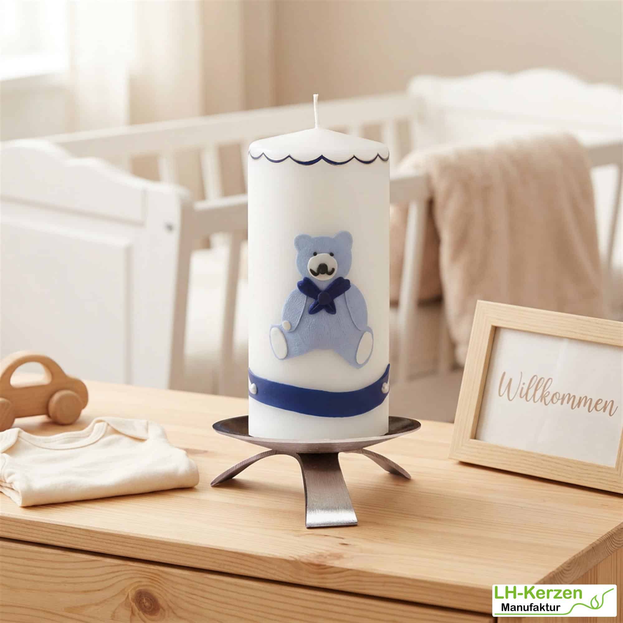 Geburtskerze personalisierbar mit blauem Bärchen, Geschenk Geburt mit Namen, Babygeschenk