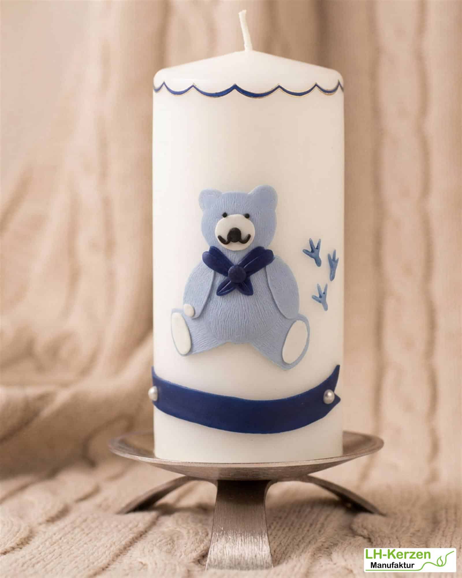 Geburtskerze personalisierbar mit blauem Bärchen, Geschenk Geburt mit Namen, Babygeschenk