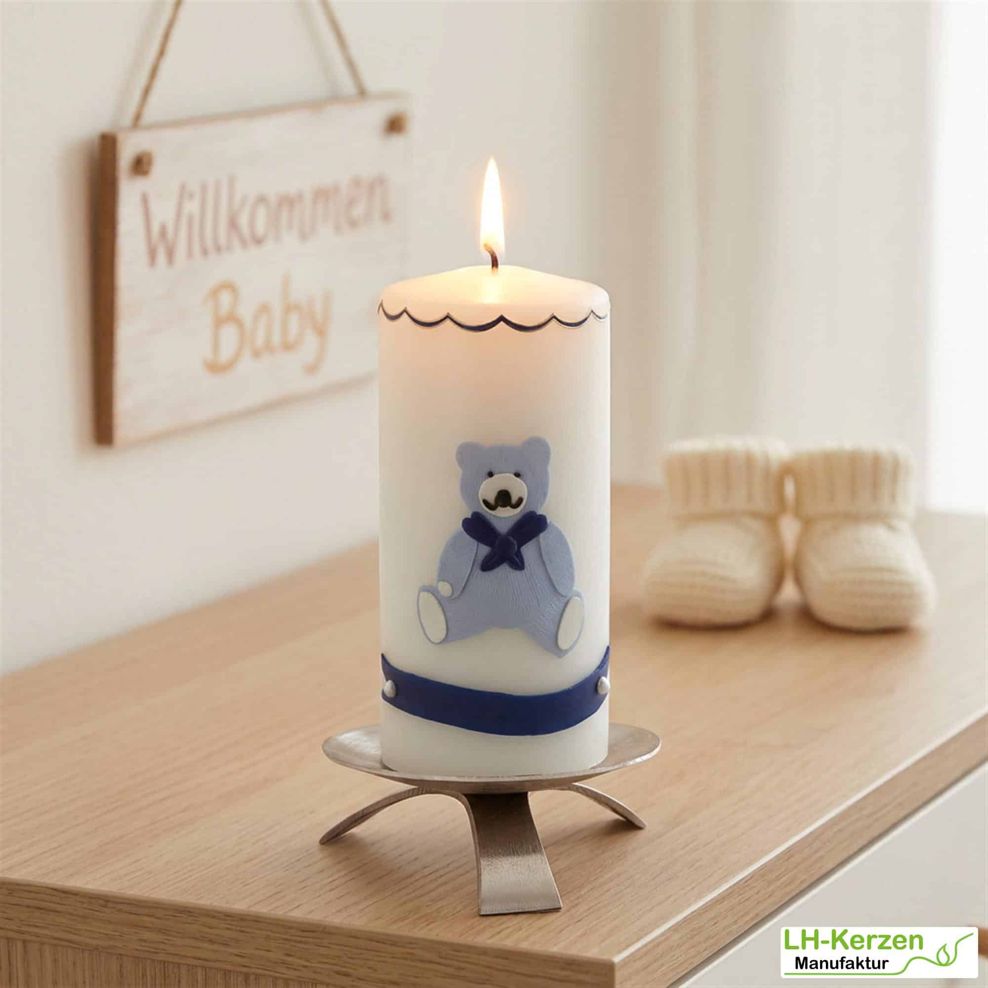 Geburtskerze personalisierbar mit blauem Bärchen, Geschenk Geburt mit Namen, Babygeschenk