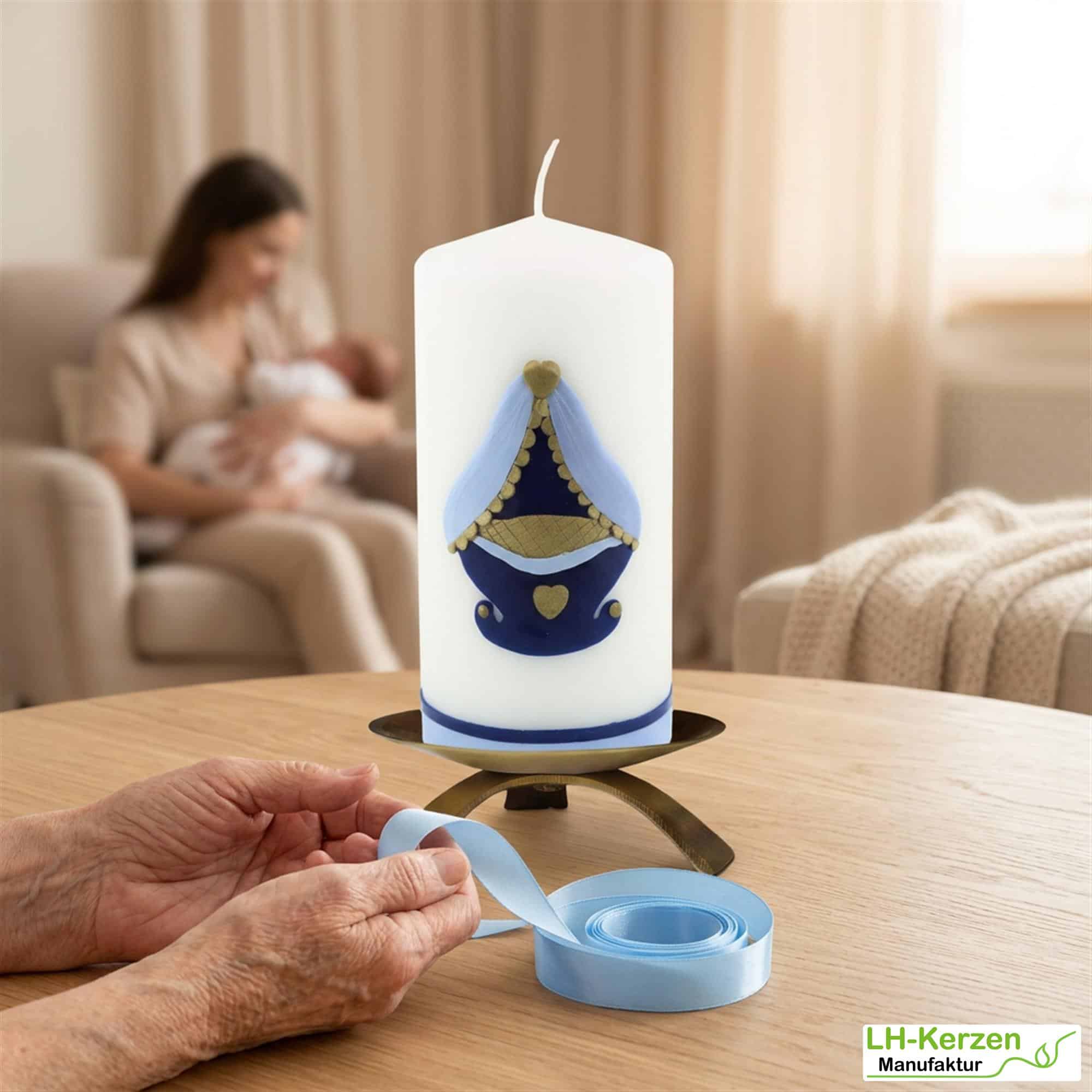 Geburtskerze personalisierbar mit Wiege in blau oder rosa, Kerze Geburt, Geschenk Geburt mit Namen