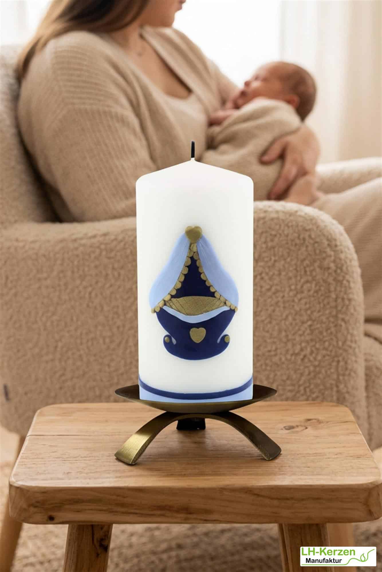 Geburtskerze personalisierbar mit Wiege in blau oder rosa, Kerze Geburt, Geschenk Geburt mit Namen