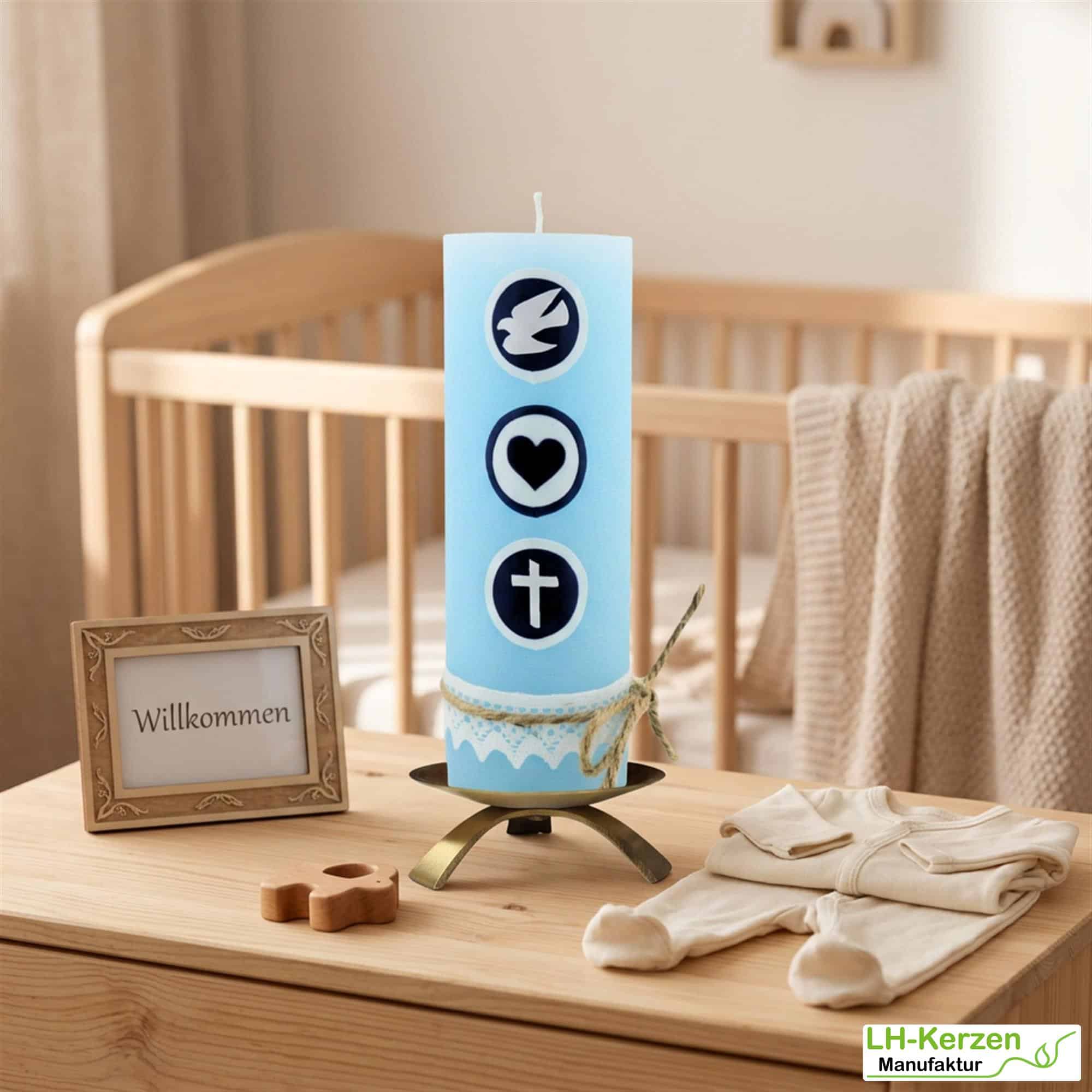 Rustic Geburtskerze personalisierbar hellblau mit Taube, Herz, Kachel und Klöppelspitze