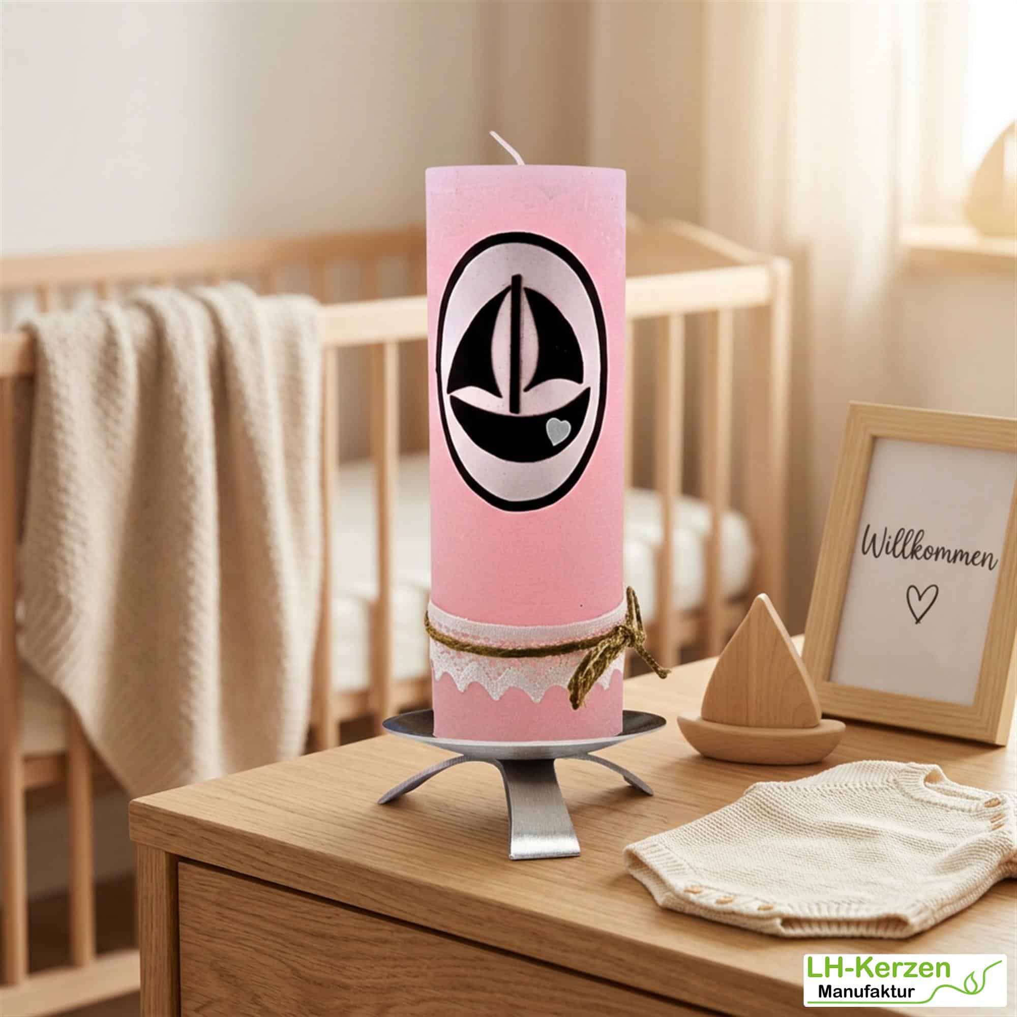 Rustik Geburtskerze personalisierbar mit Segelschiff und Klöppelspitze, Geschenk Geburt mit Namen