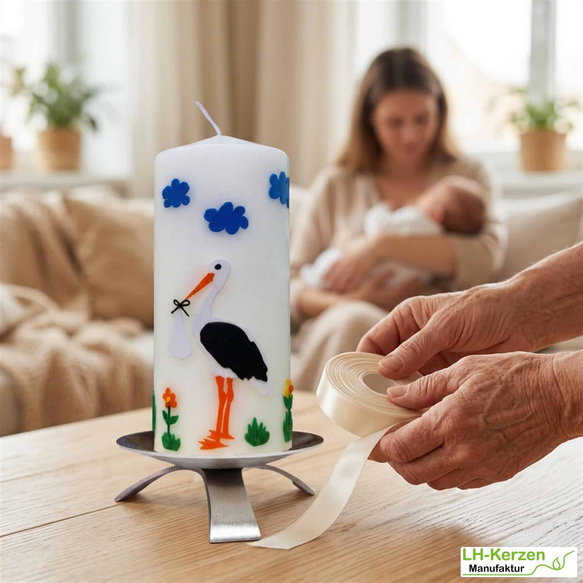 Geburtskerze mit Storch, personalisierbar mit Namen und Datum, Babygeschenk, Geschenk Geburt