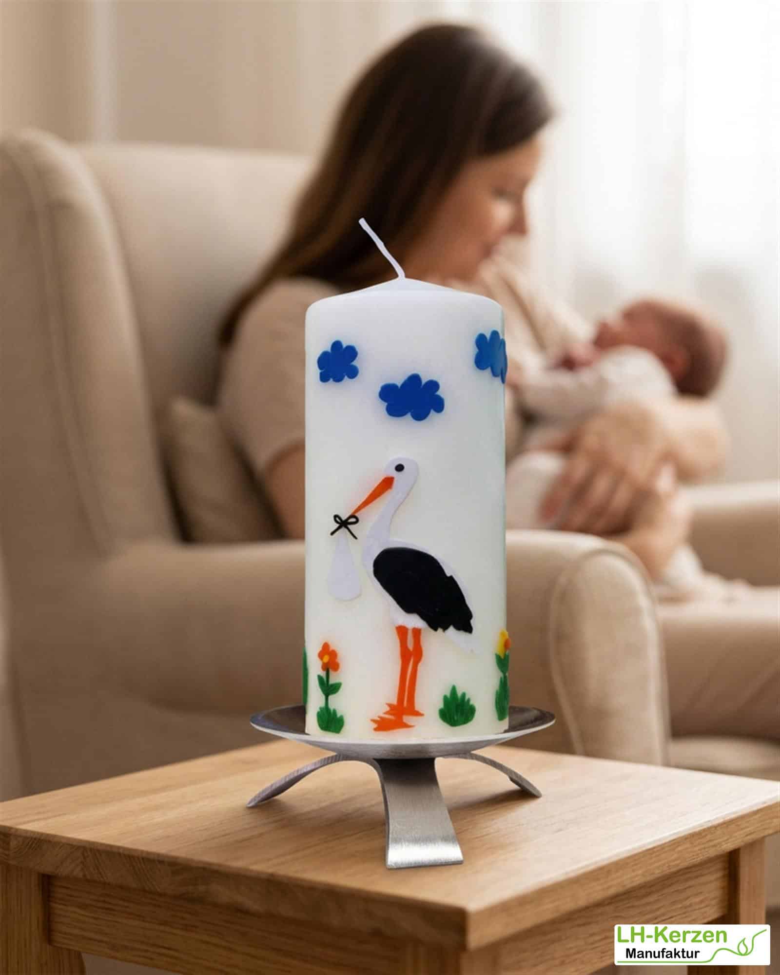 Geburtskerze mit Storch, personalisierbar mit Namen und Datum, Babygeschenk, Geschenk Geburt